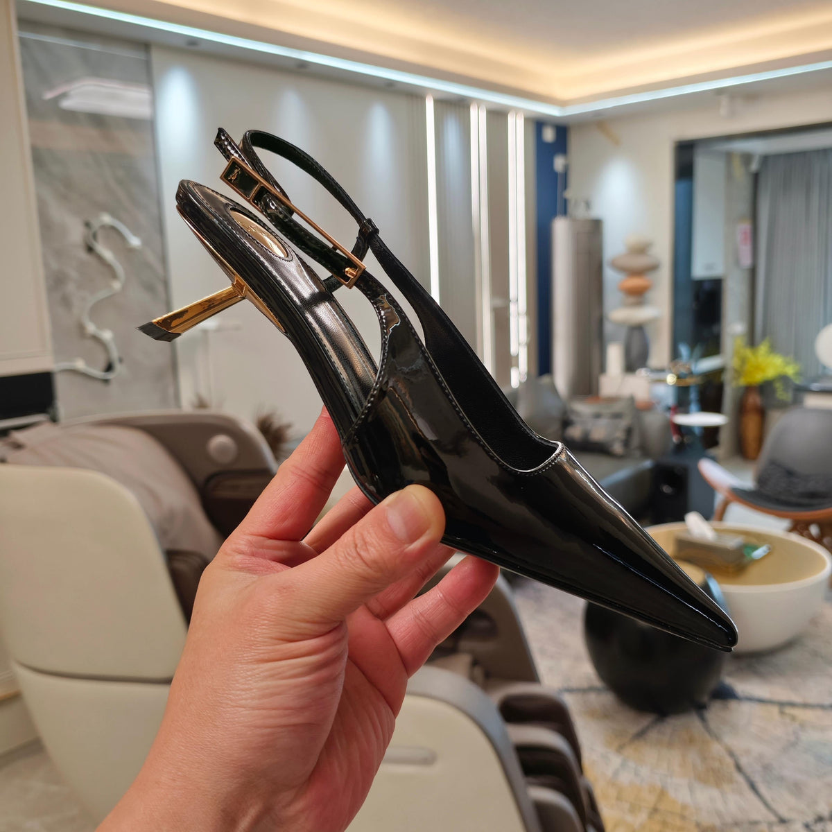 YSL Babylone Slingback 5.5cm Black Glossy Leather
