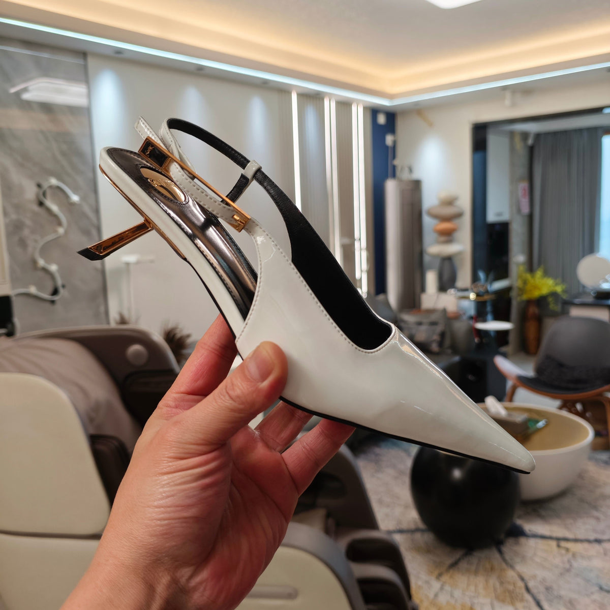YSL Babylone Slingback 5.5cm White Glossy Leather