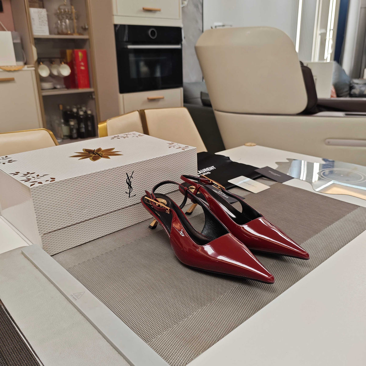 YSL Babylone Slingback 5.5cm Burgundy Glossy Leather