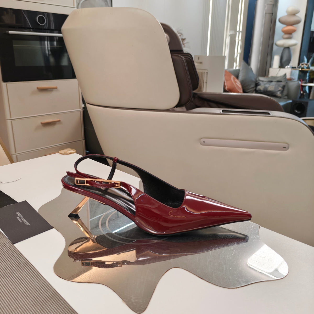 YSL Babylone Slingback 5.5cm Burgundy Glossy Leather