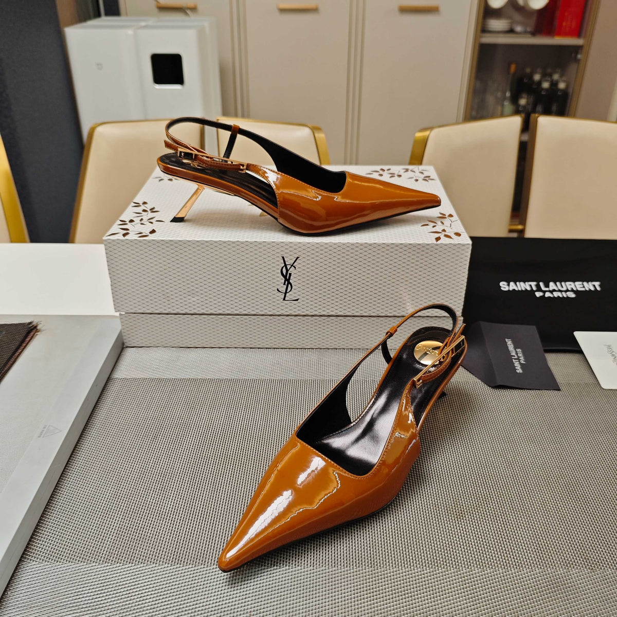 YSL Babylone Slingback 5.5cm Light Brown Glossy Leather