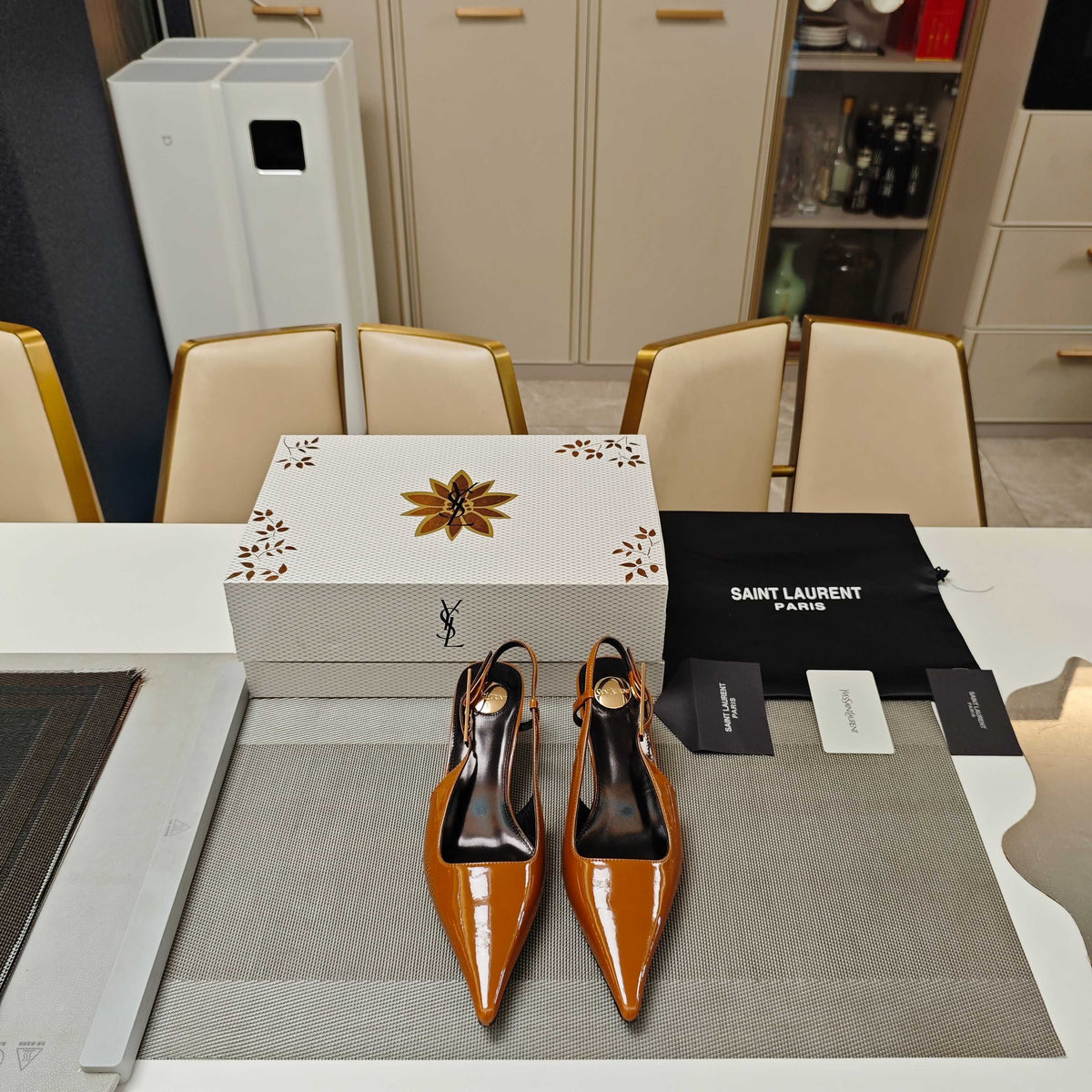 YSL Babylone Slingback 5.5cm Light Brown Glossy Leather