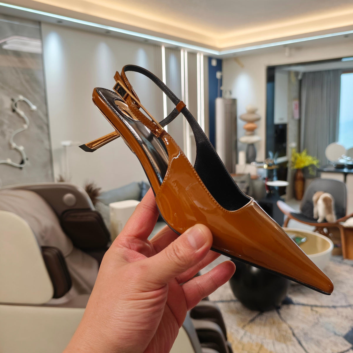 YSL Babylone Slingback 5.5cm Light Brown Glossy Leather