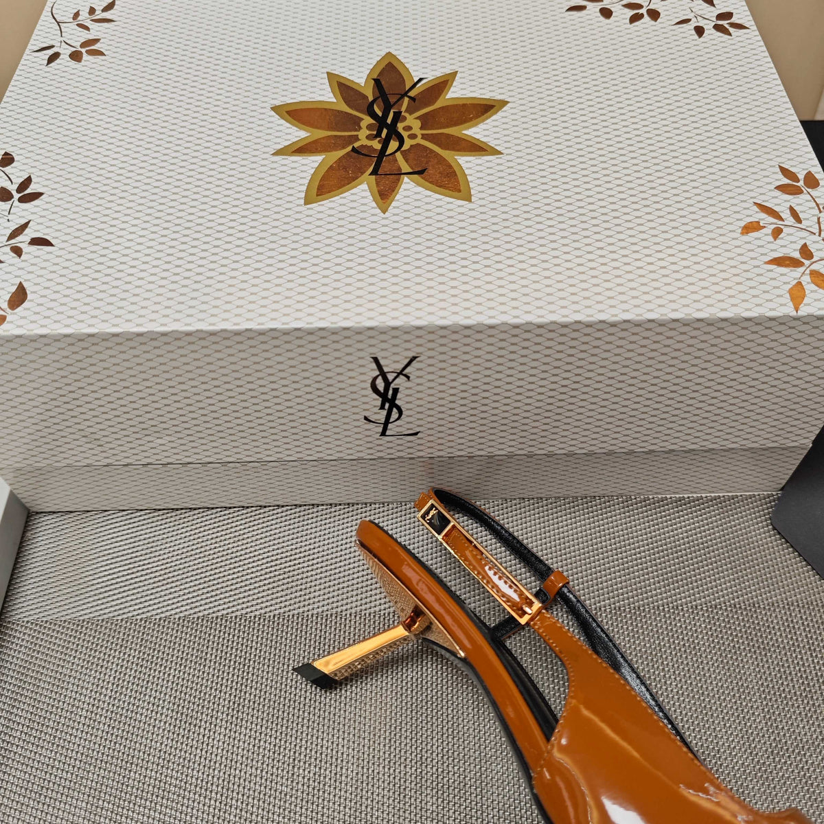YSL Babylone Slingback 5.5cm Light Brown Glossy Leather