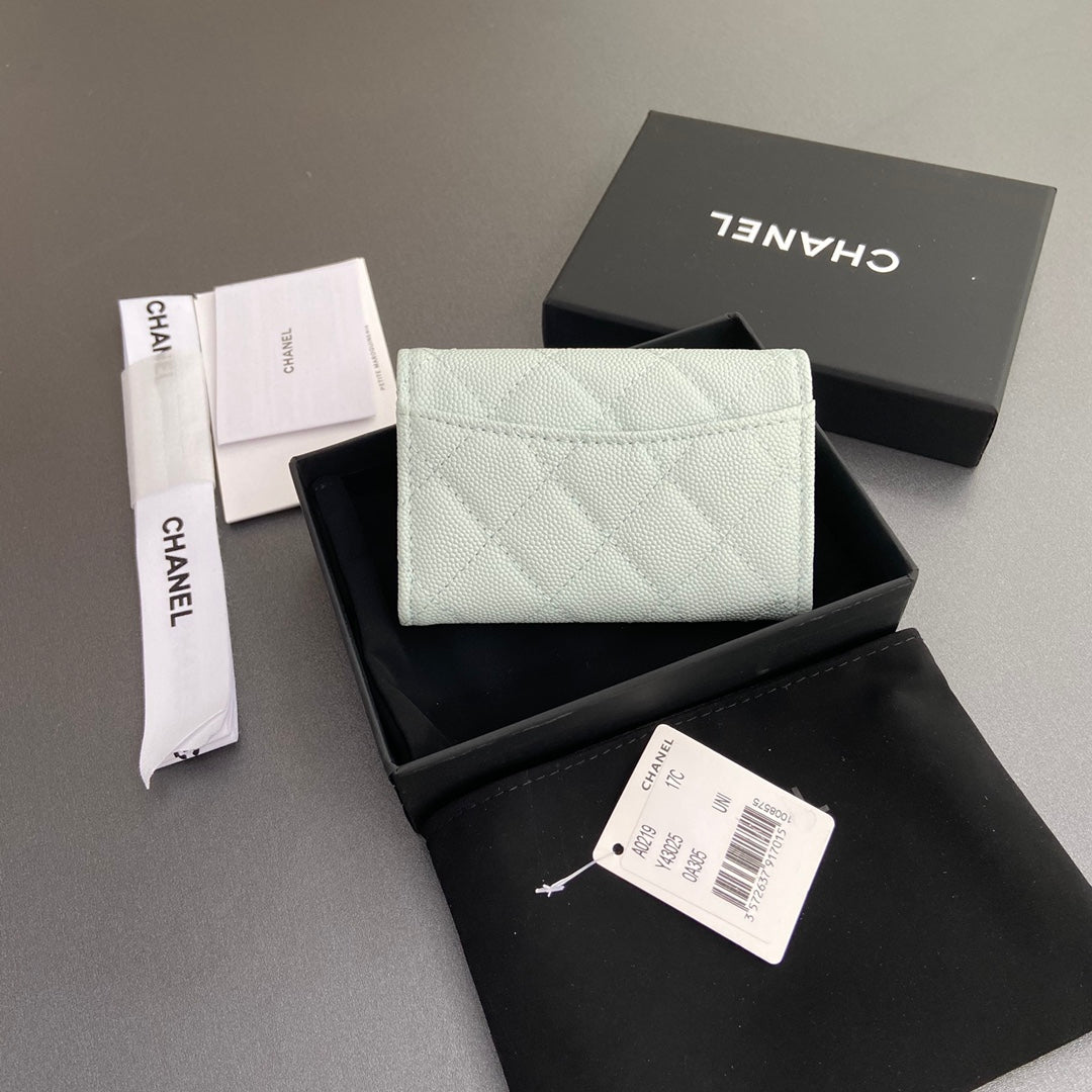 CC Zipper Flap Card Holder Light Blue Caviar GHW 234657