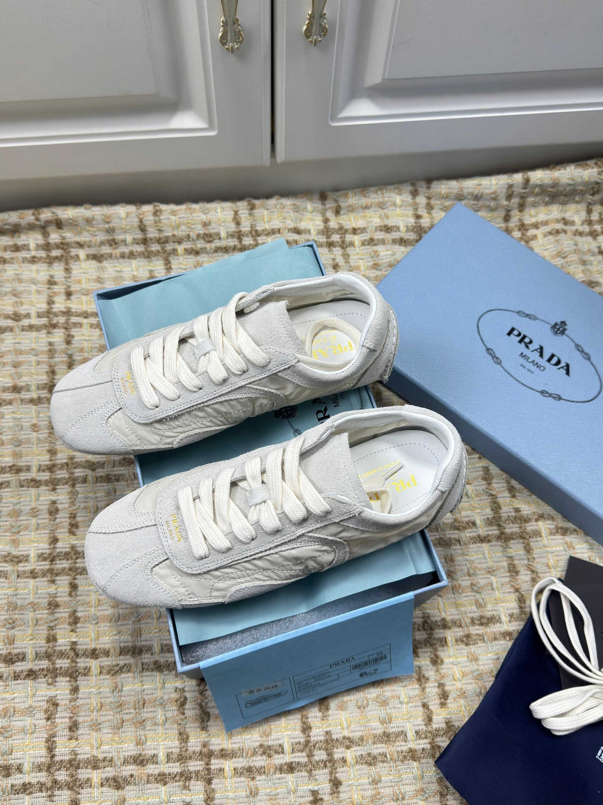 Prada 26s Low Top Sneakers In White Nylon And Suede