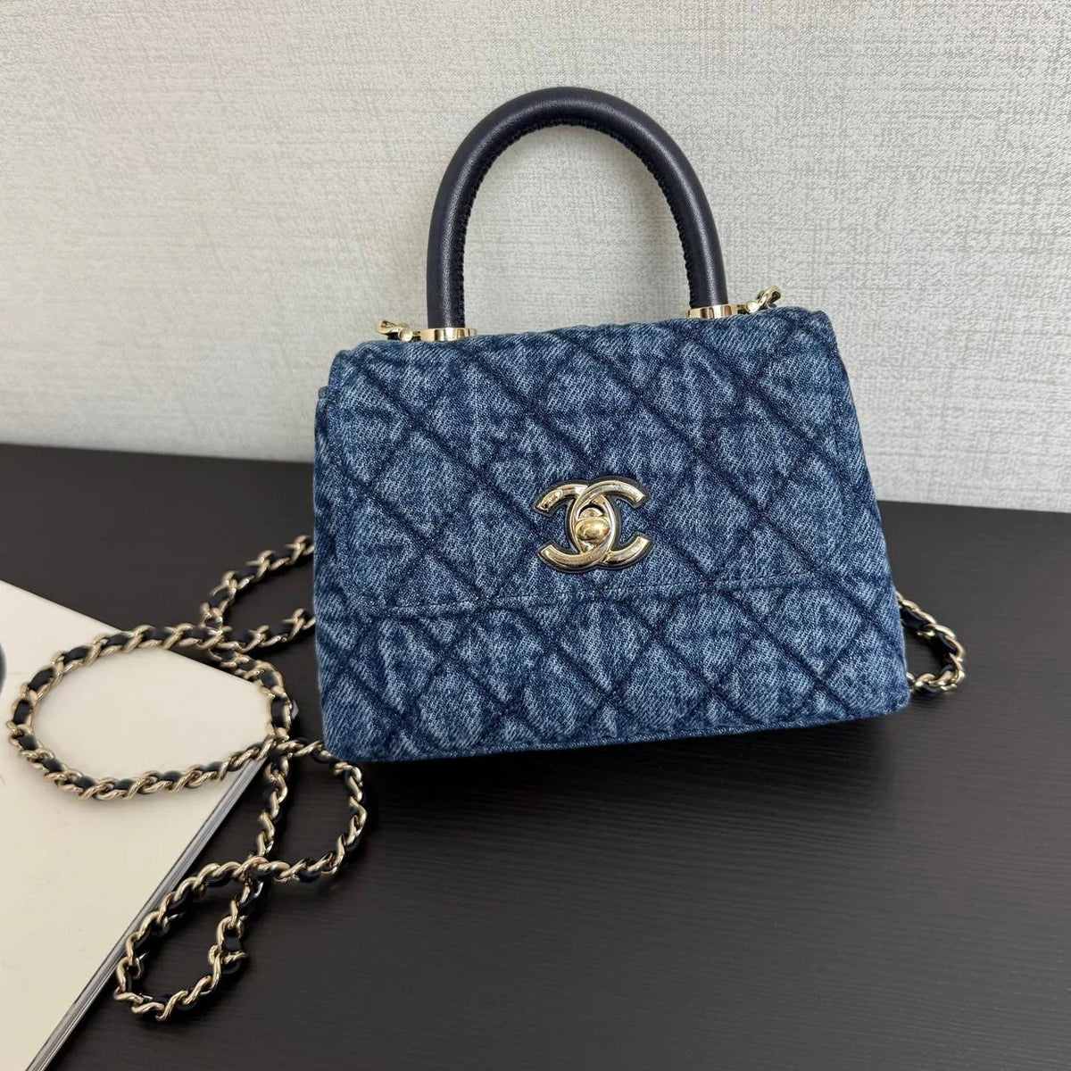 Chanel 2026 Clutch Bag With Strap Blue Black Denim Leather