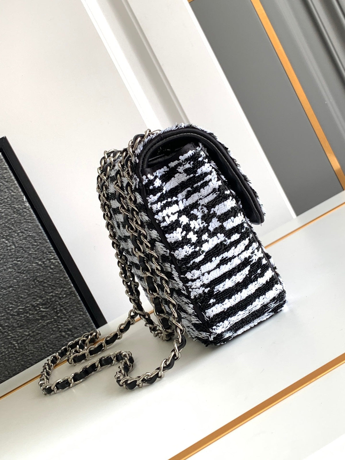 flap bag medium 25 black white sequin silver hardware