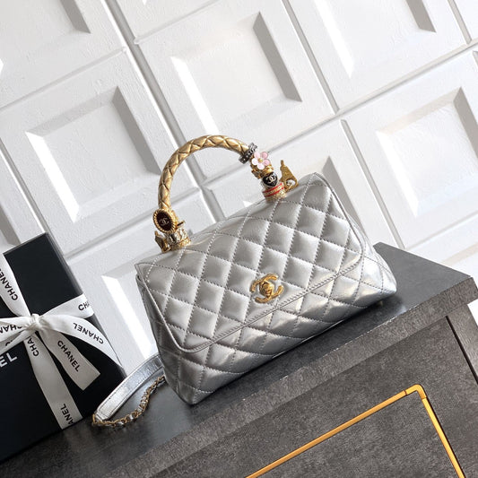 CC Coco Top Handle Bag 23cm Sliver Metalic Quited Leather