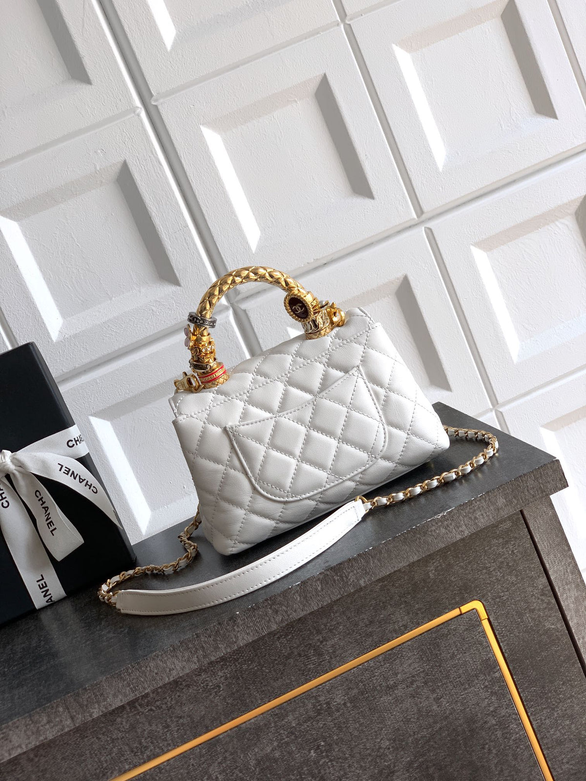 CC Coco Top Handle Bag 19cm White Quited Leather
