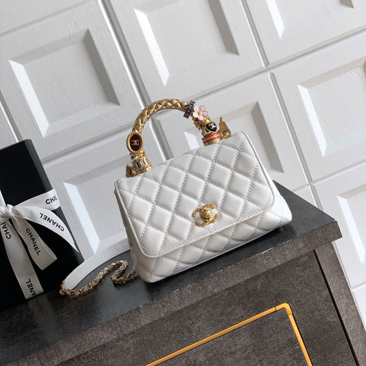 CC Coco Top Handle Bag 19cm White Quited Leather