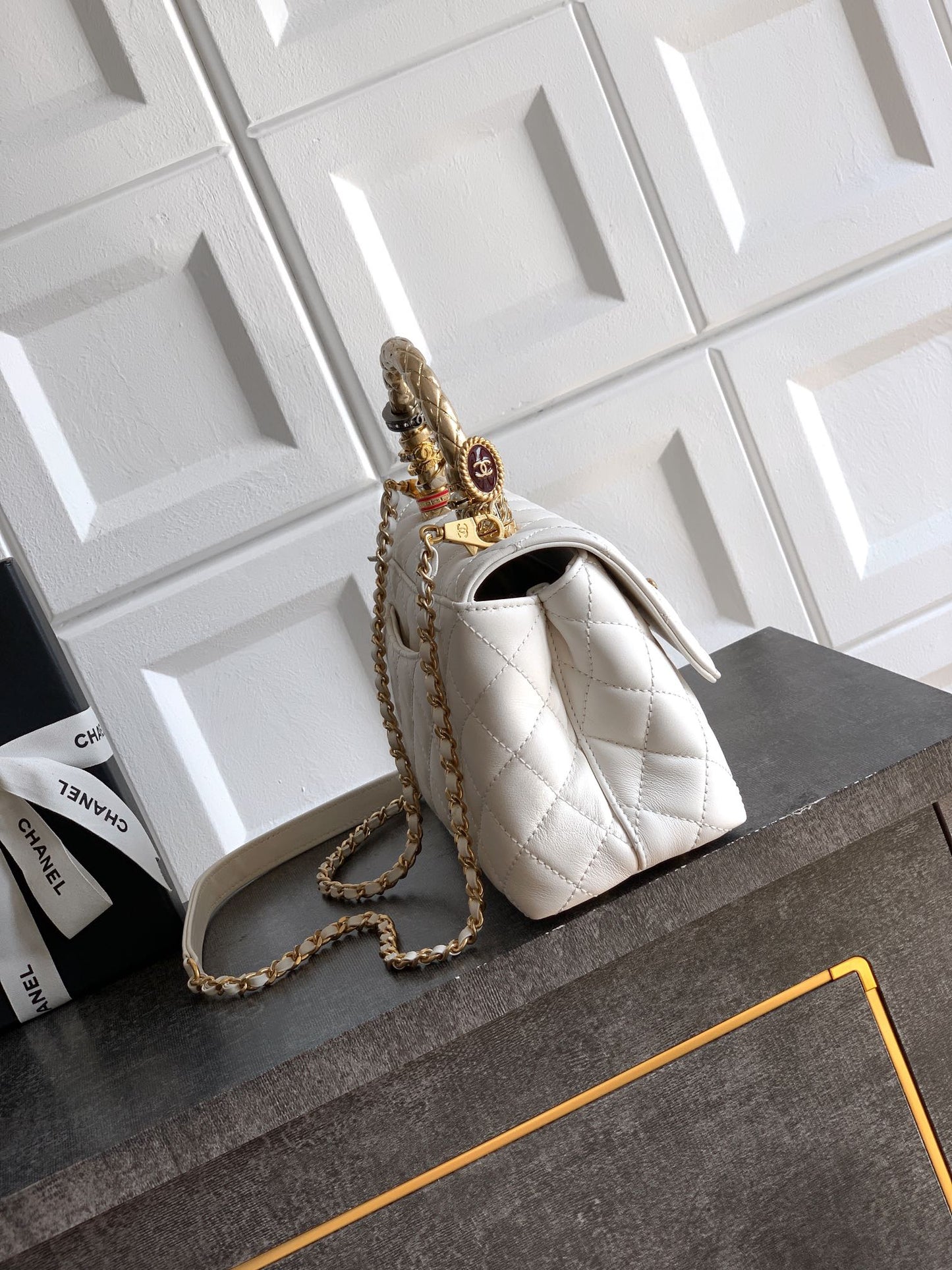 CC Coco Top Handle Bag 23cm White Quited Leather