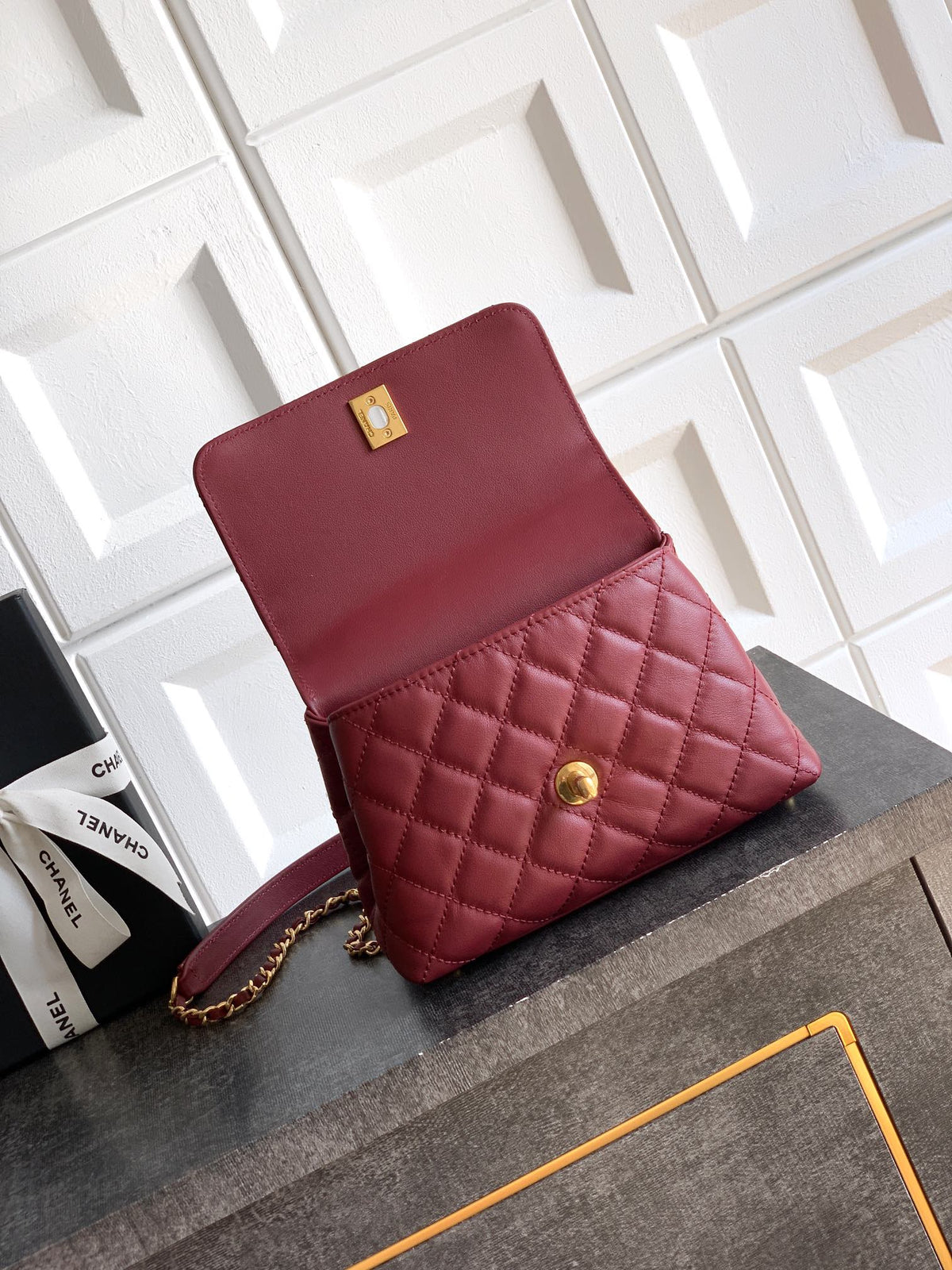 CC Coco Top Handle Bag 19cm Burgundy Quited Leather