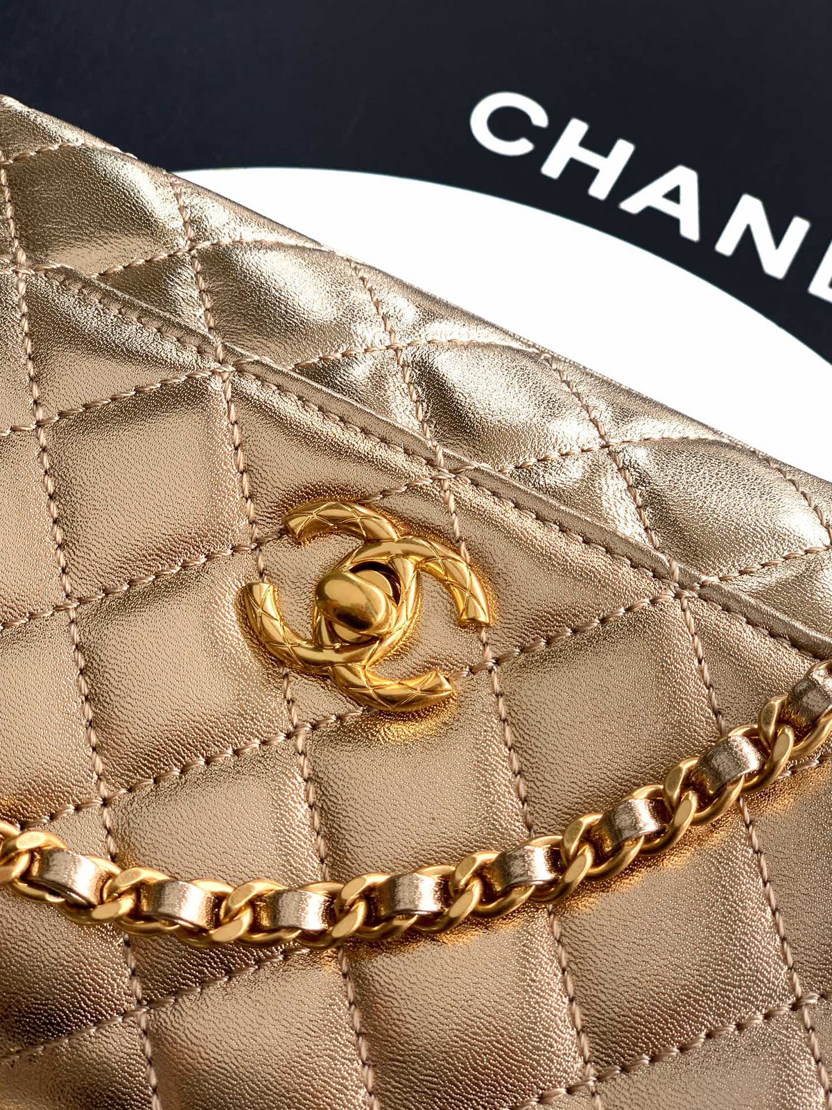 CC Coco Top Handle Bag 19cm Gold Metalic Quited Leather