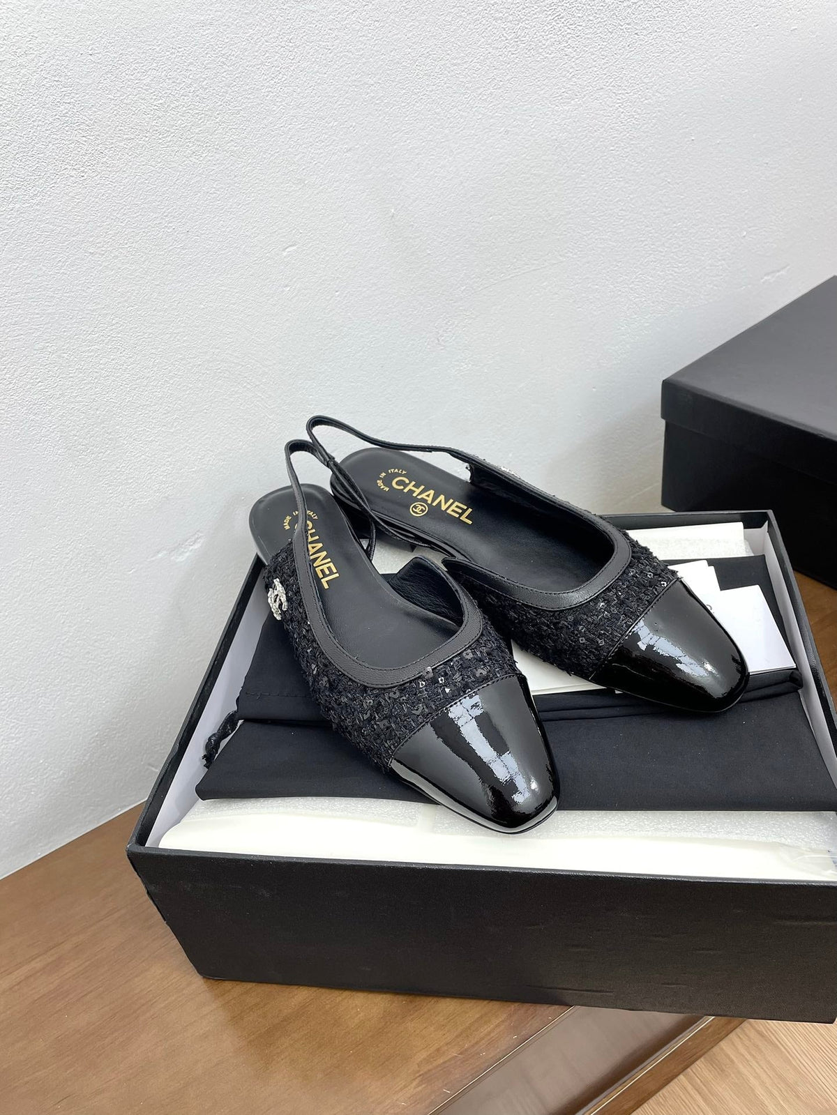 CC Slingback Black Tweed Fabric And Calfskin
