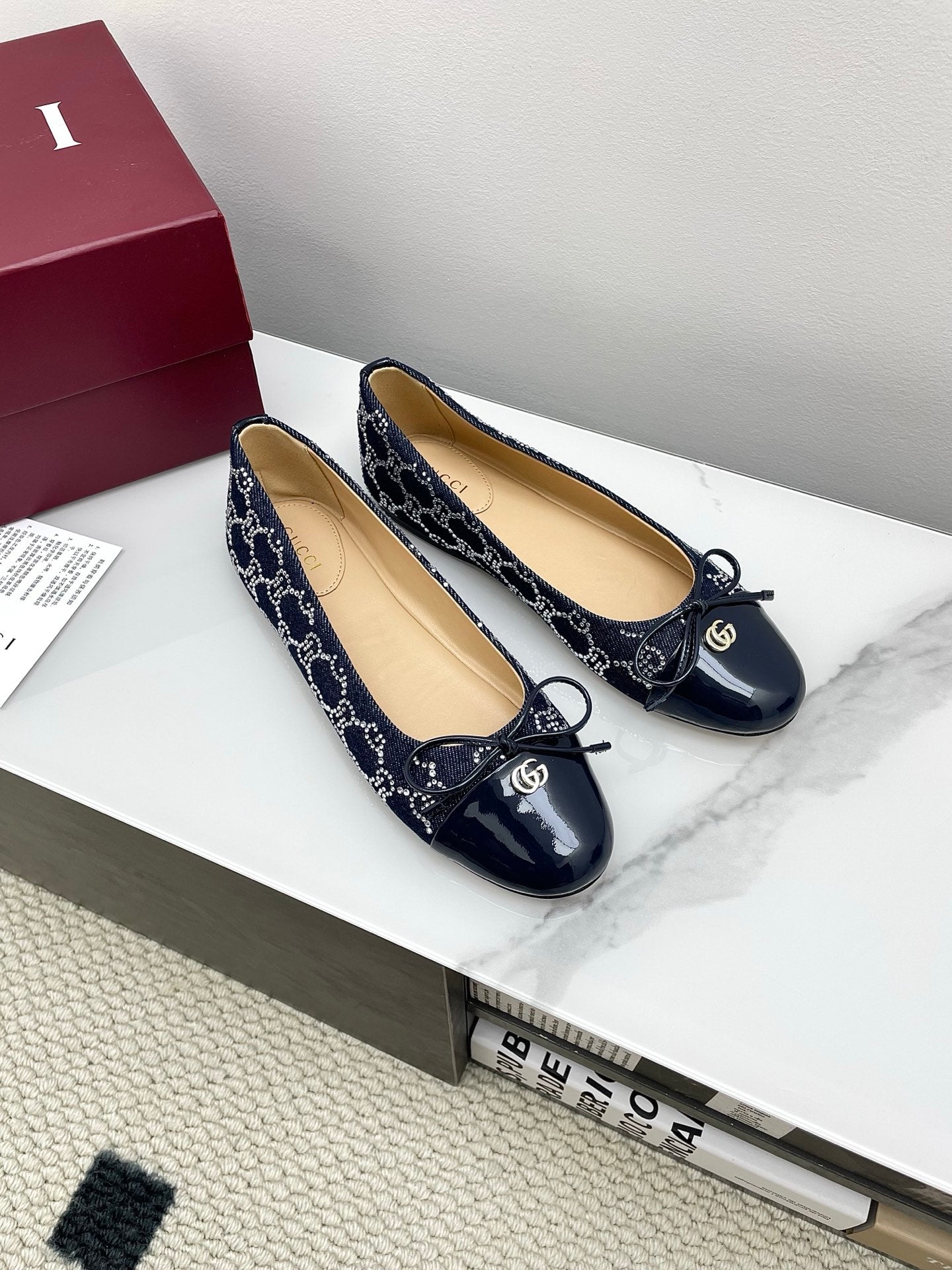 GG Women's Crystal Ballet Flat Dark Blue Denim Patent Leather Trim 511494