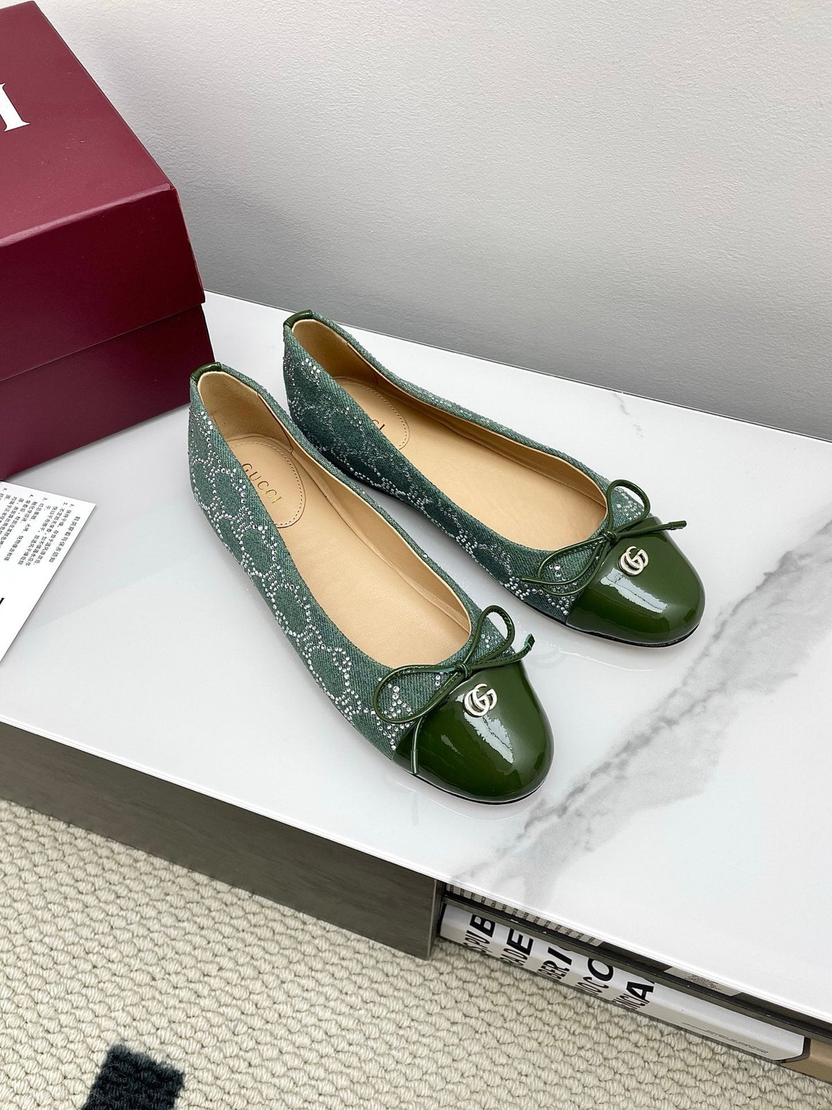 GG Women's Crystal Ballet Flat Dark Green Denim Patent Leather Trim 511495