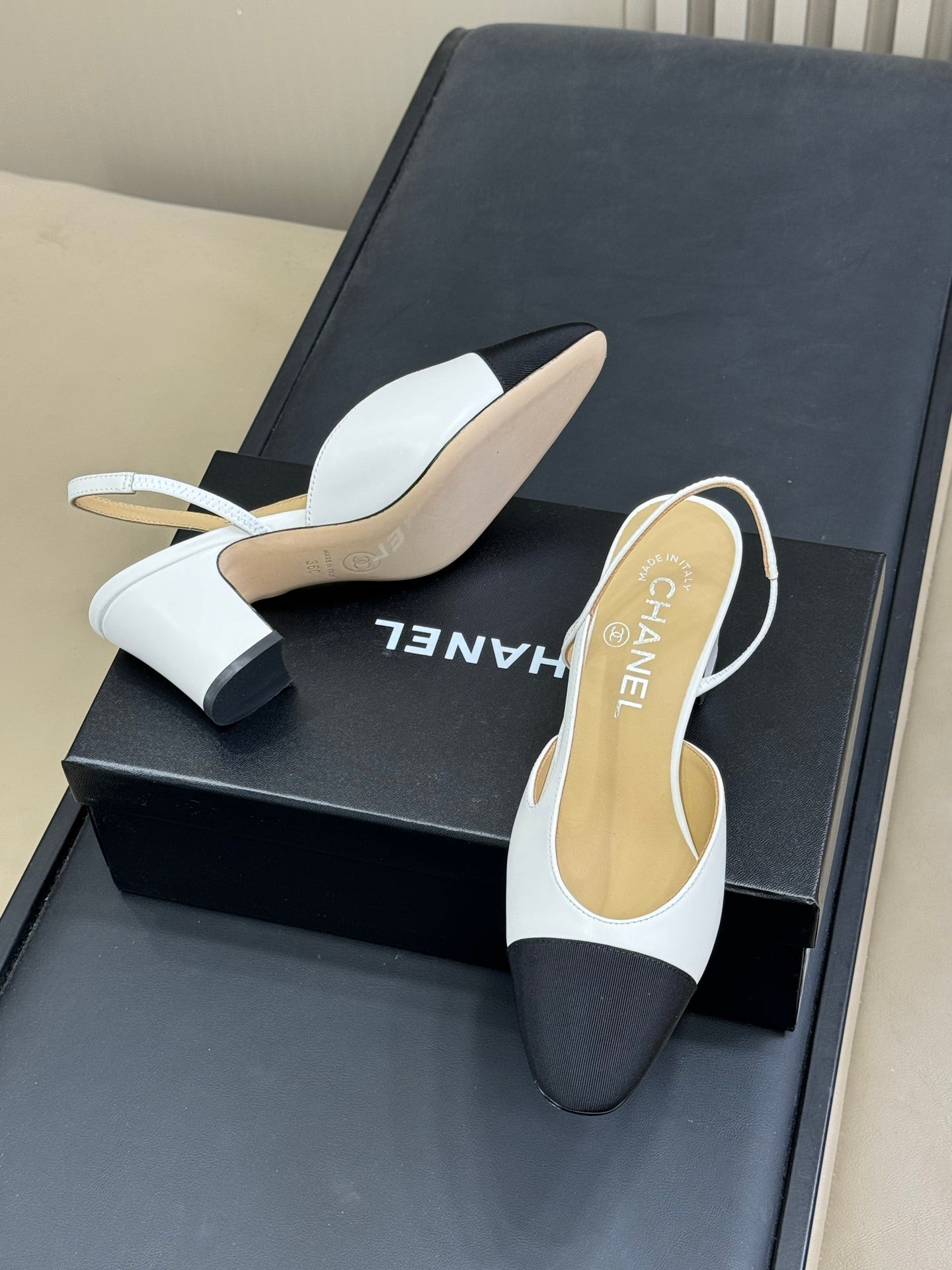 CC Classic Slingback White Goatskin Black Grosgrain 282282
