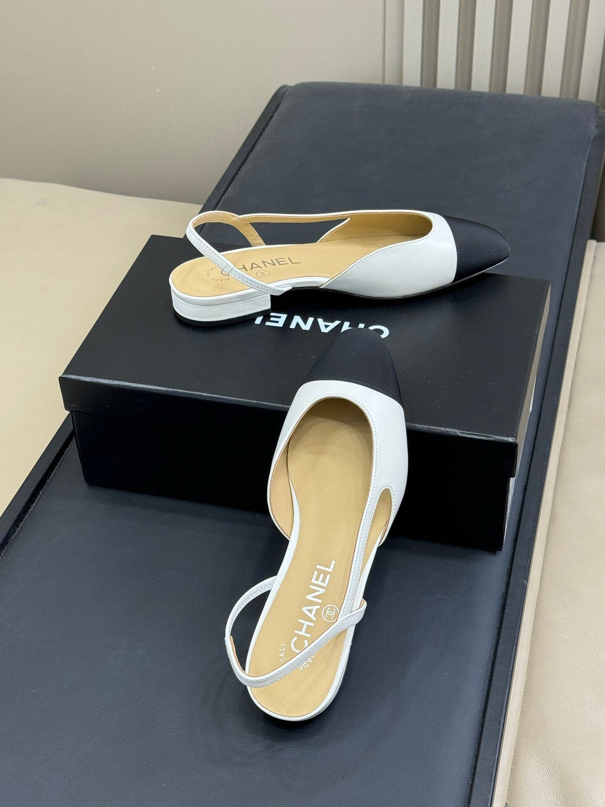 CC Classic Slingback White Goatskin Black Grosgrain 282282