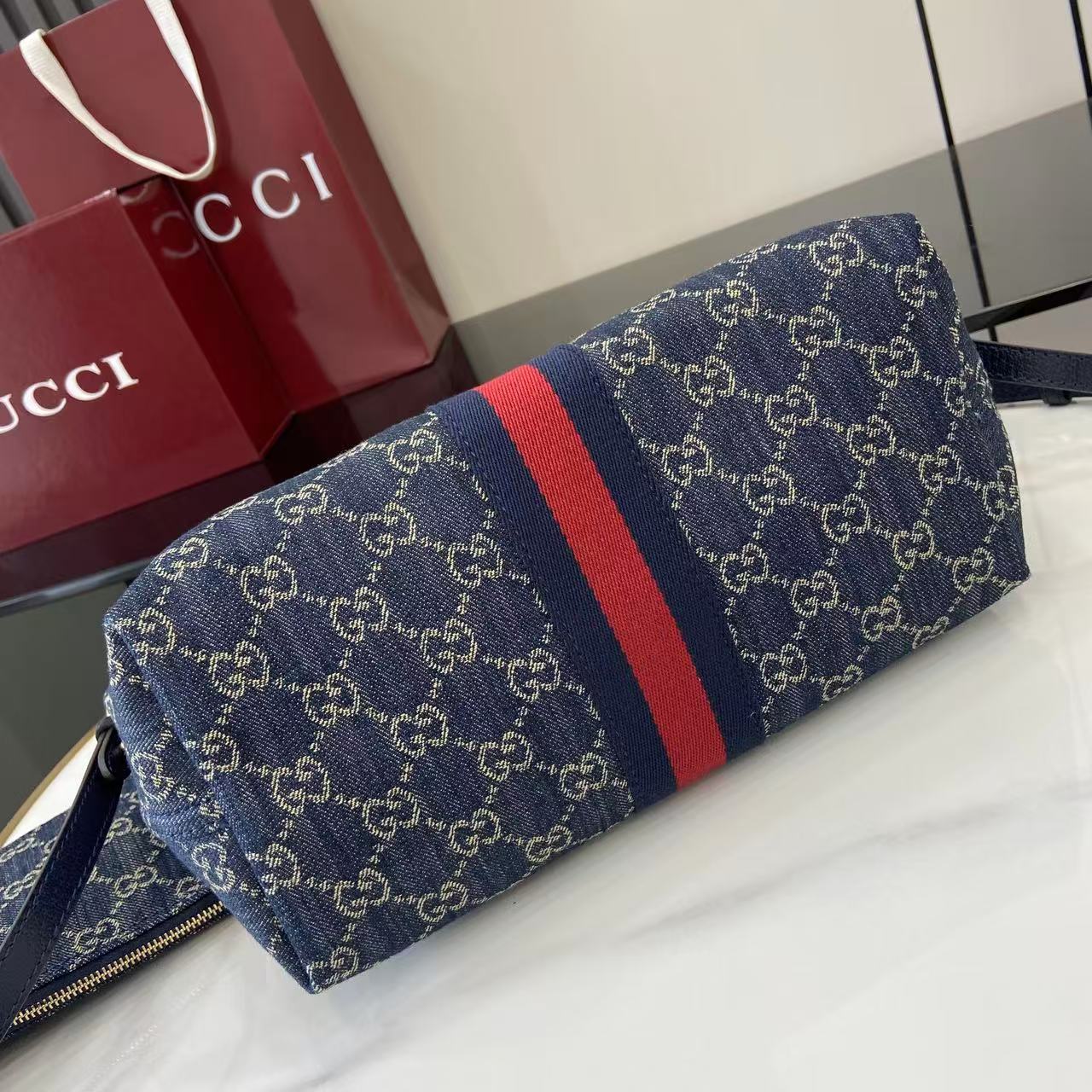 Gucci 25 Giglio 25cm Bag Blue Denim Leather 292387