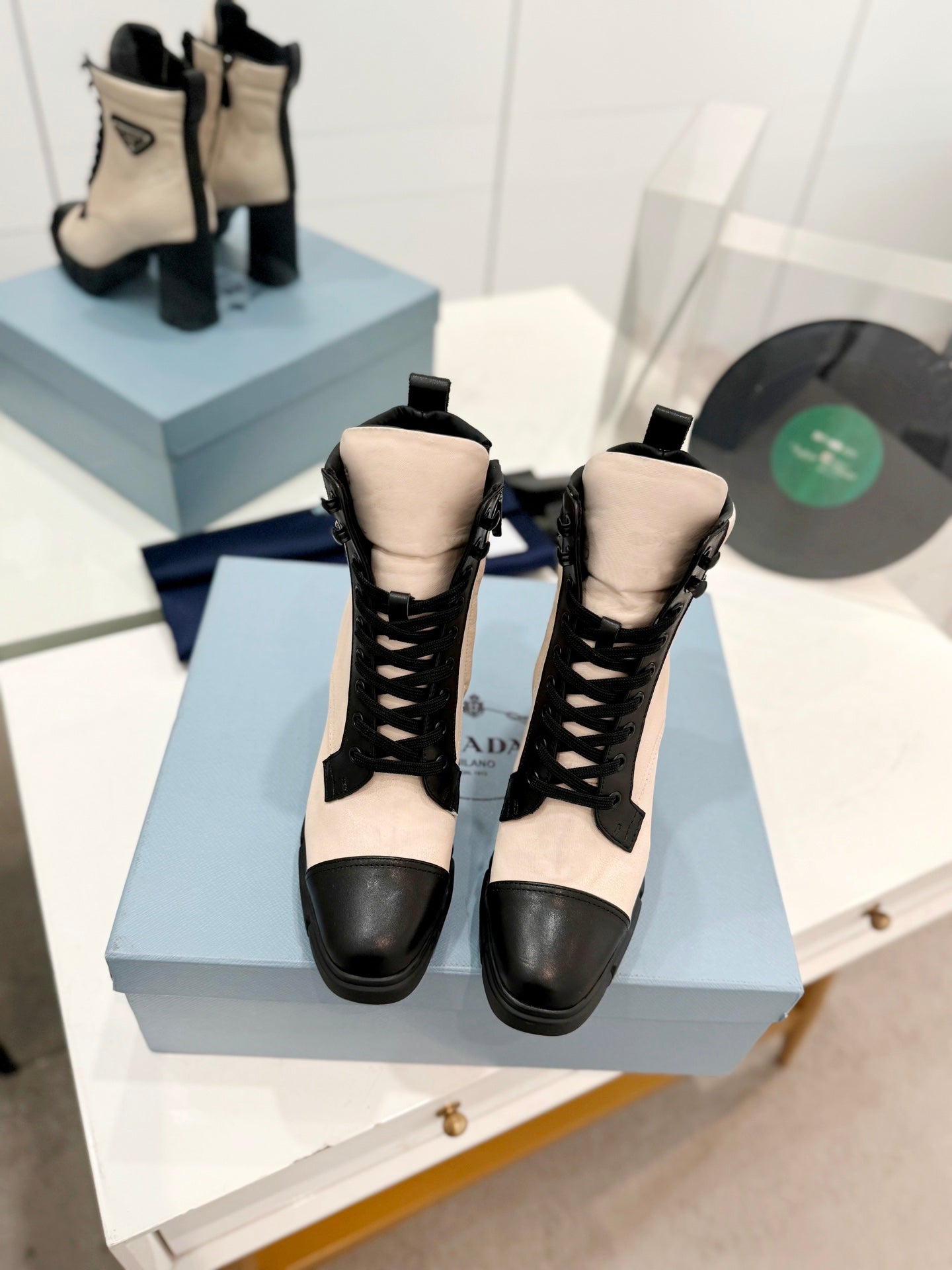 PRA RE-NYLON AND LEATHER BOOTIES PASTEL PINK