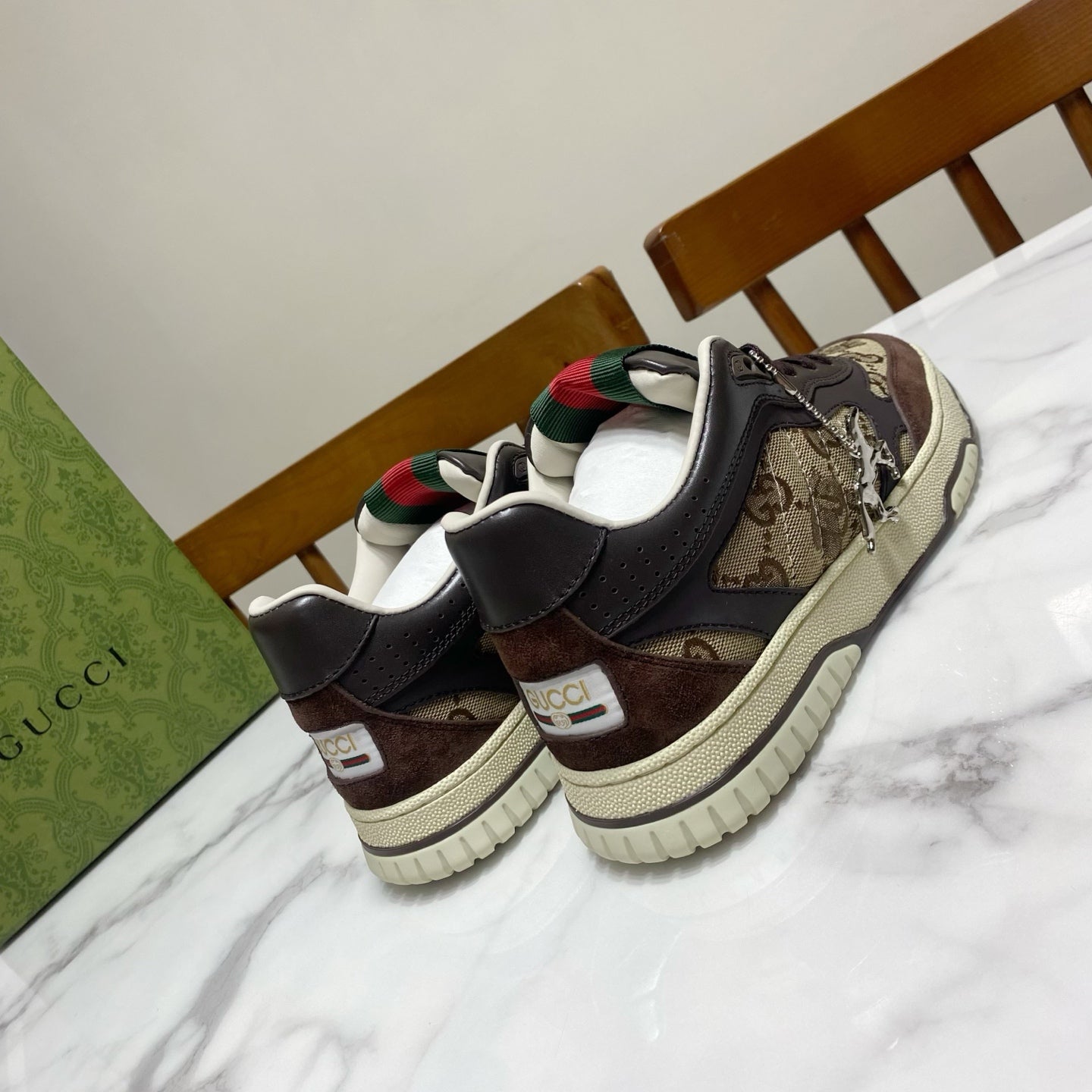GG 26s Re-Web Trainer Sneakers In Brown Calfskin And Beige Canvas