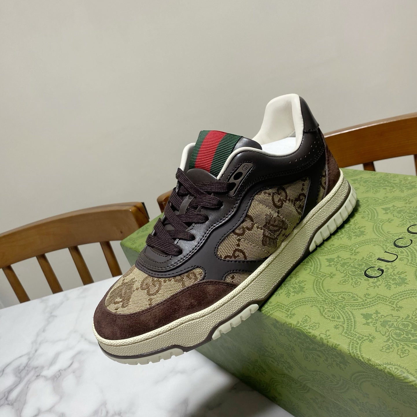 GG 26s Re-Web Trainer Sneakers In Brown Calfskin And Beige Canvas