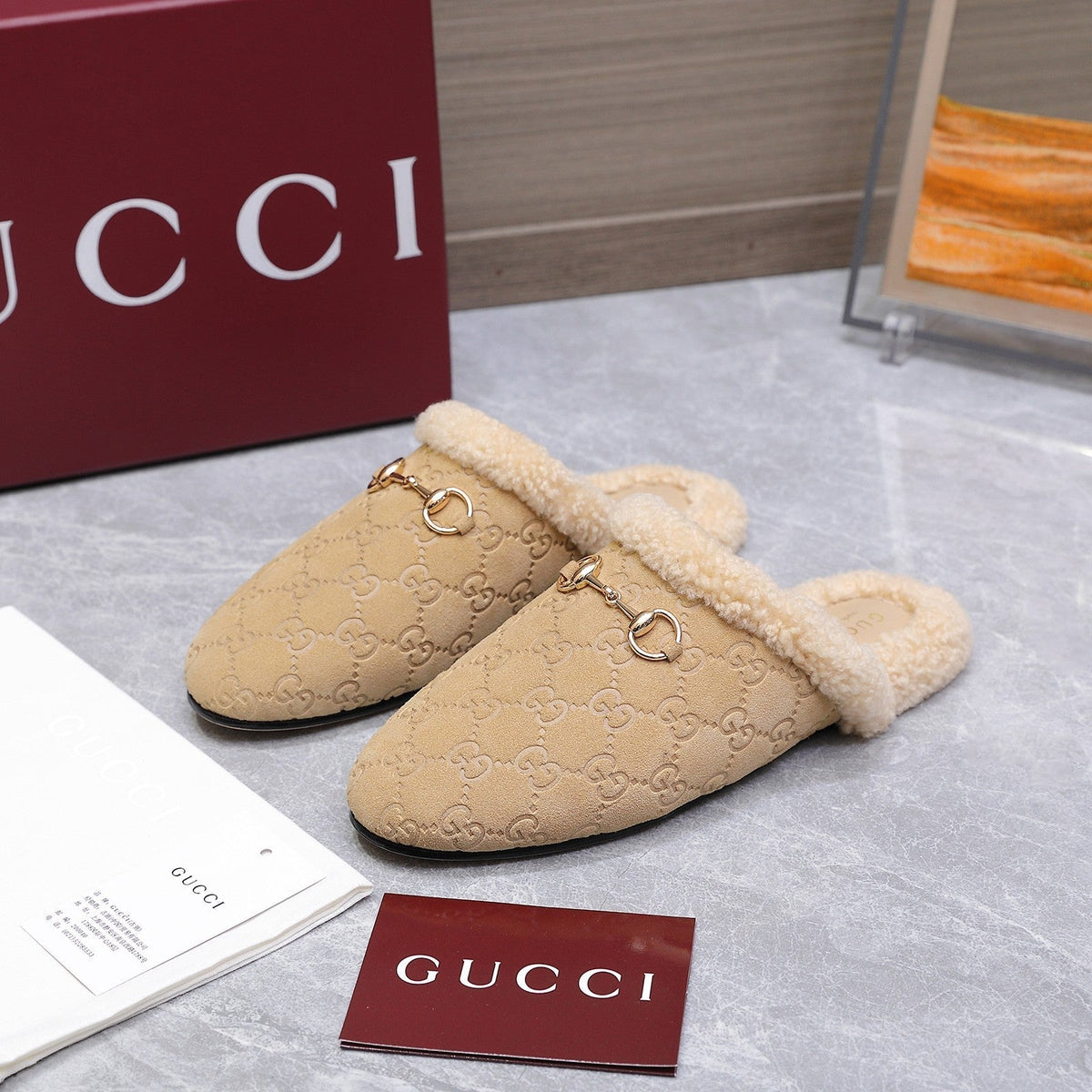 GG Horsebit Mules with Beige Insole Suede Shearing 547327