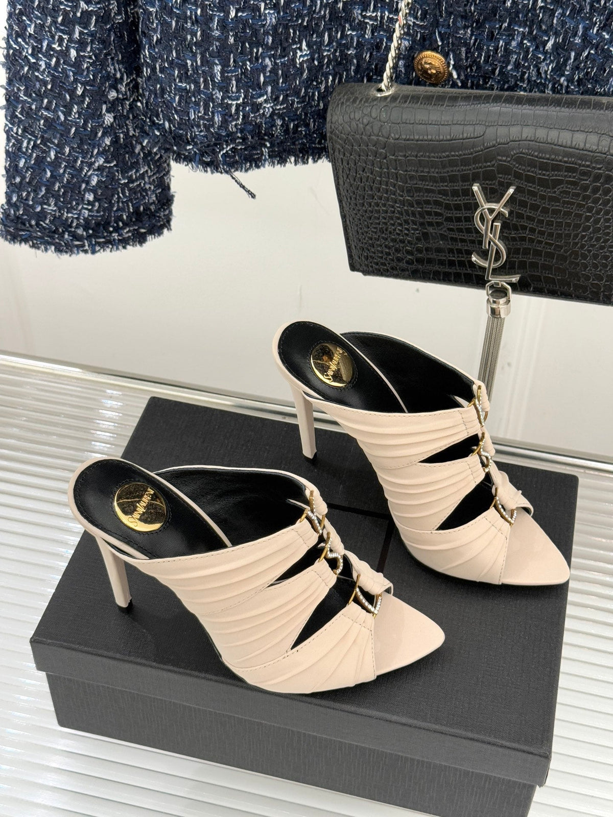 YSL Emilie Stiletto Mule Sandals 11cm Cream Satin 642912