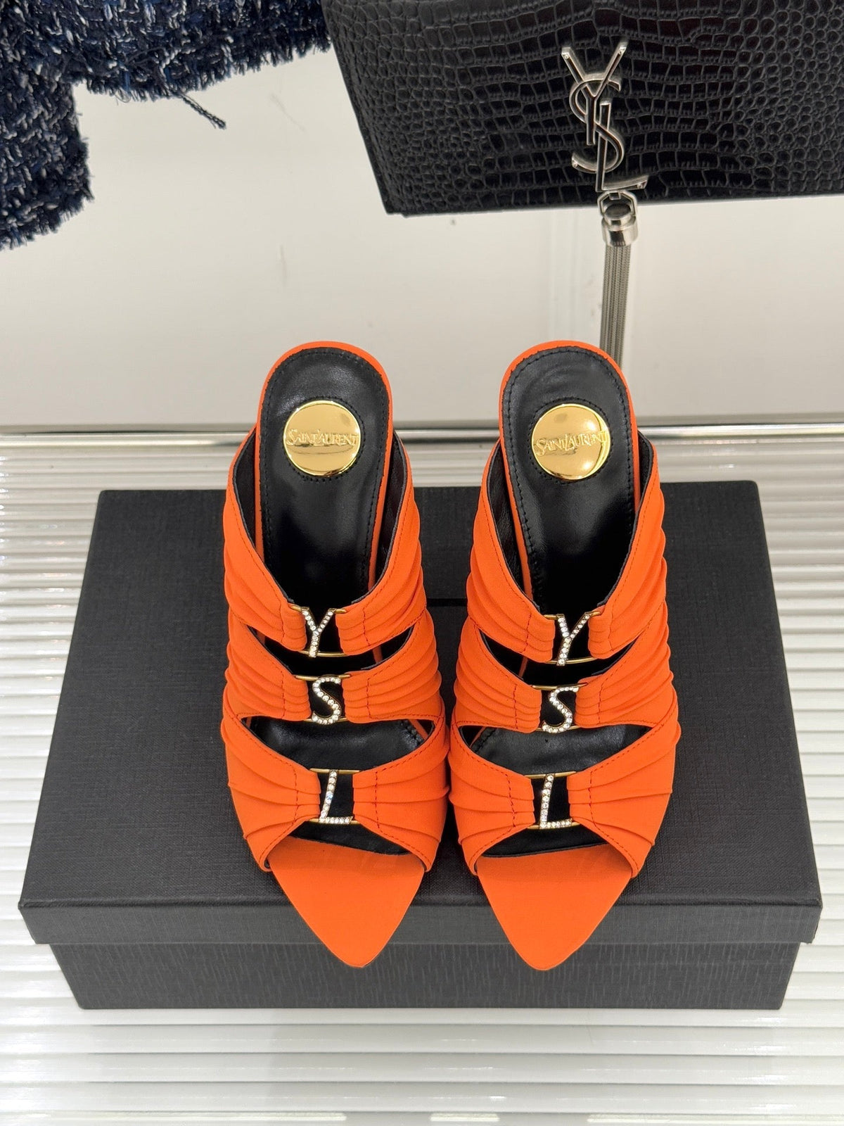 YSL Emilie Stiletto Mule Sandals 11cm Orange Satin 642913