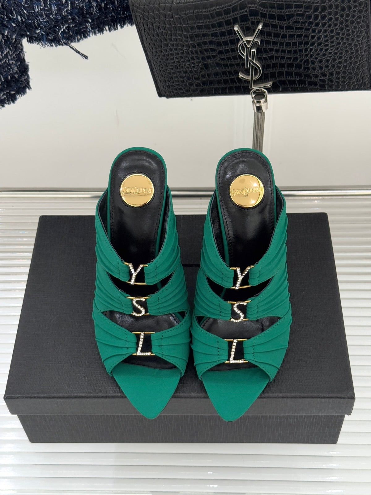 YSL Emilie Stiletto Mule Sandals 11cm Teal Green Satin 642914