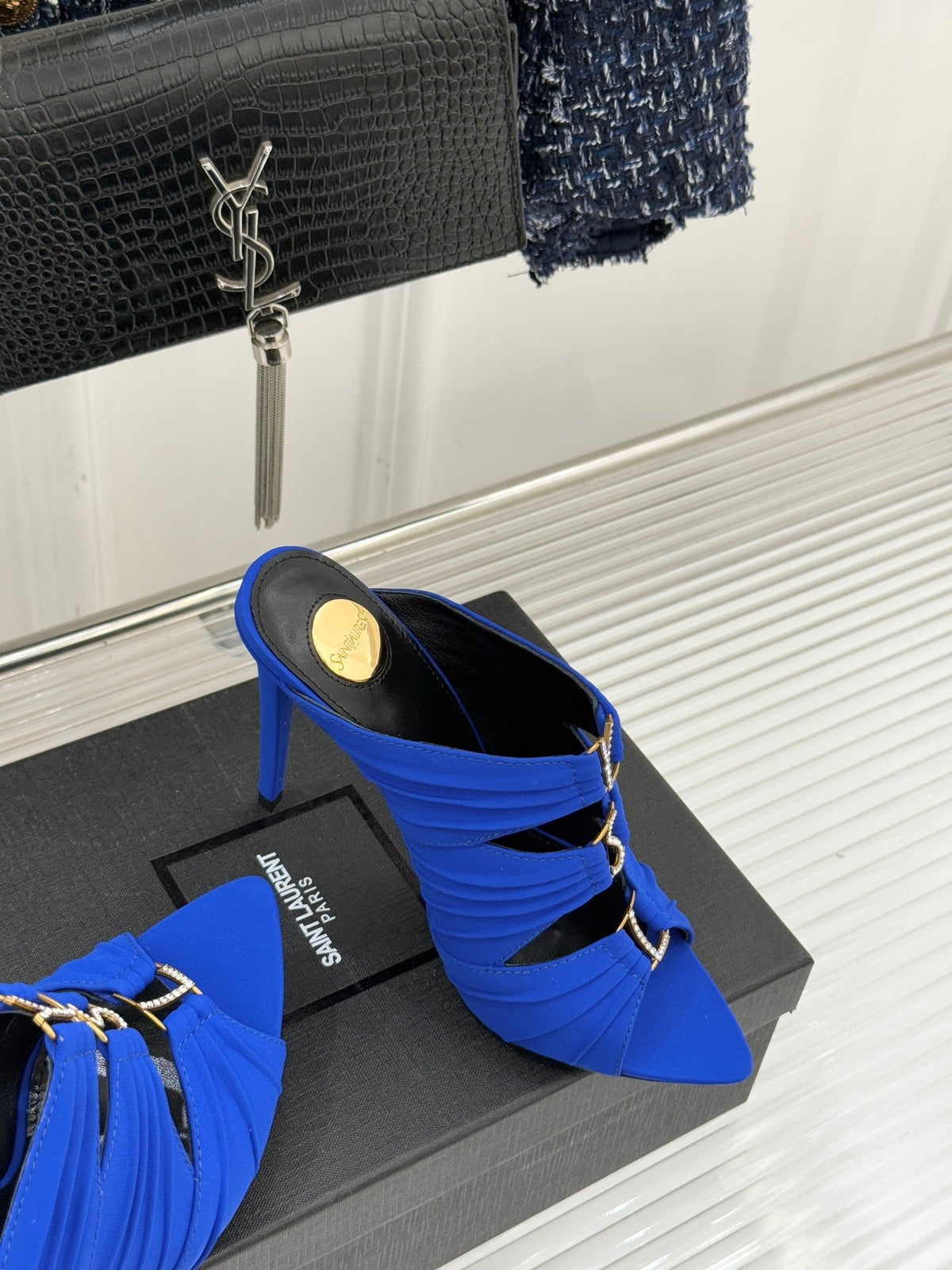 YSL Emilie Stiletto Mule Sandals 11cm Blue Satin 642915