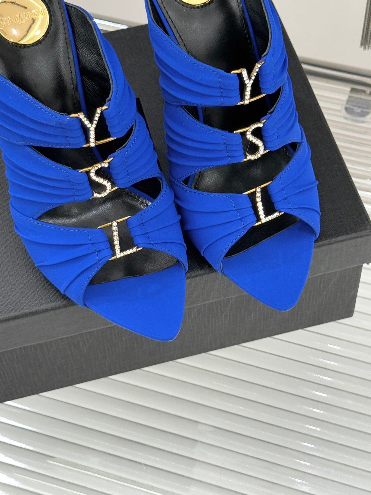 YSL Emilie Stiletto Mule Sandals 11cm Blue Satin 642915