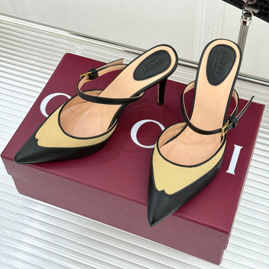 GG 26WF Mules 9.5cm Black Beige Leather Canvas 886166