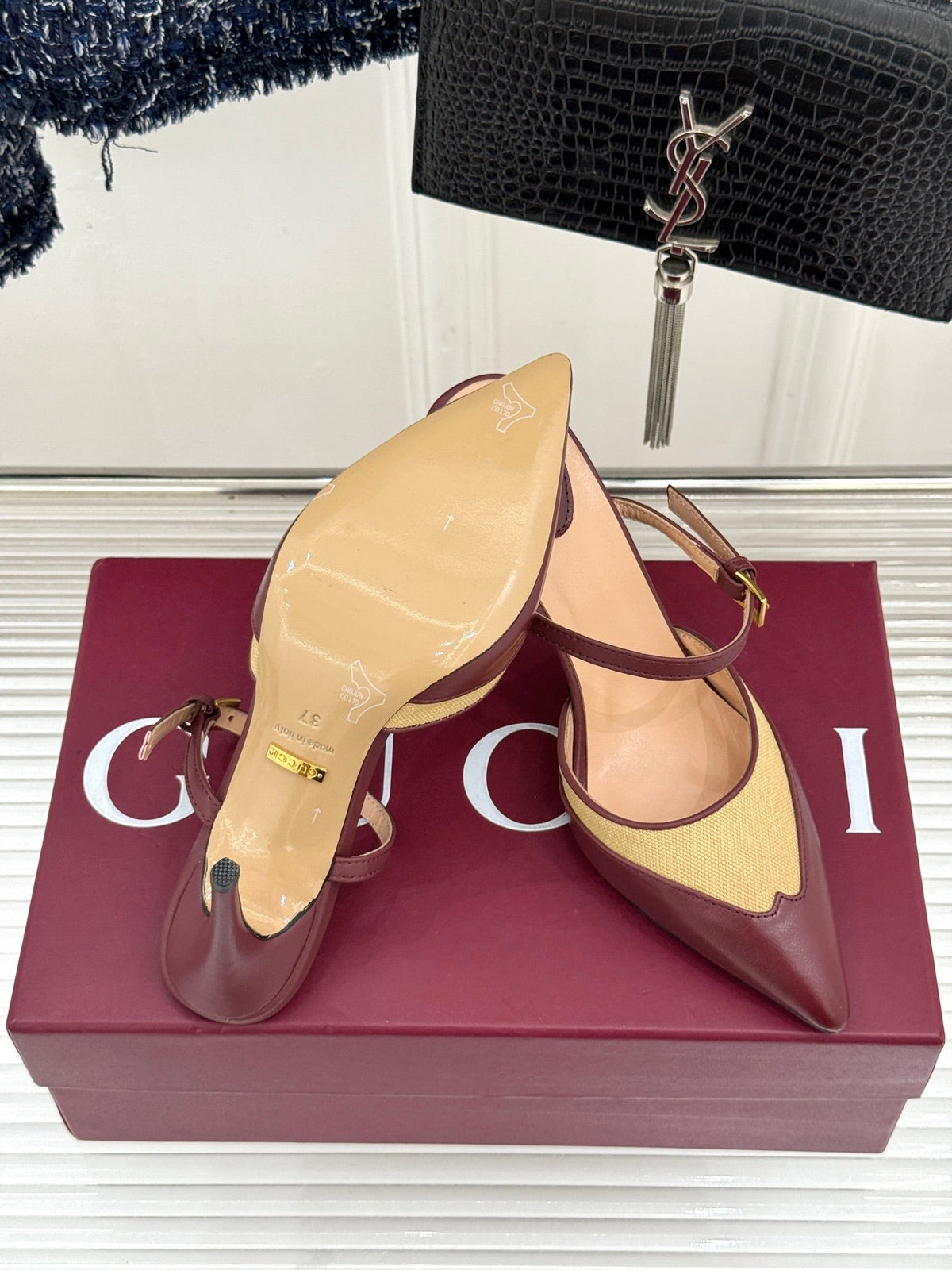 GG 26WF Mules 9.5cm Wine Red Beige Leather Canvas 886168