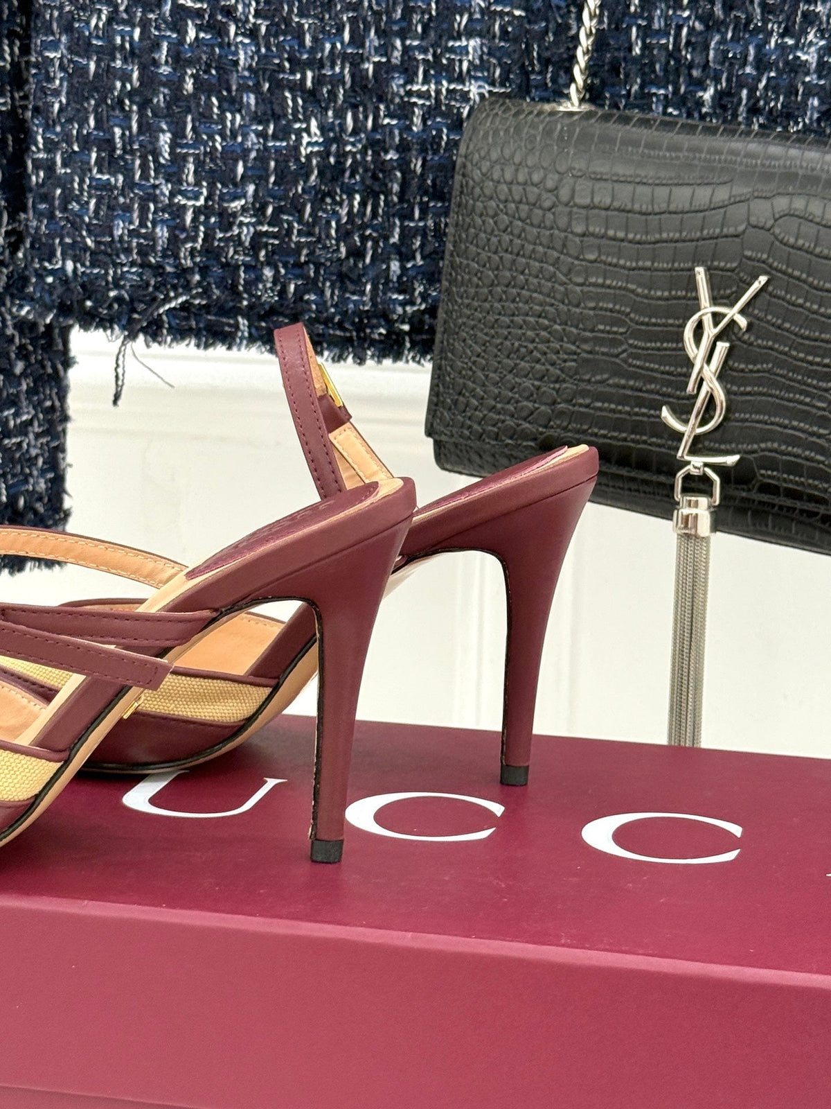 GG 26WF Mules 9.5cm Wine Red Beige Leather Canvas 886168