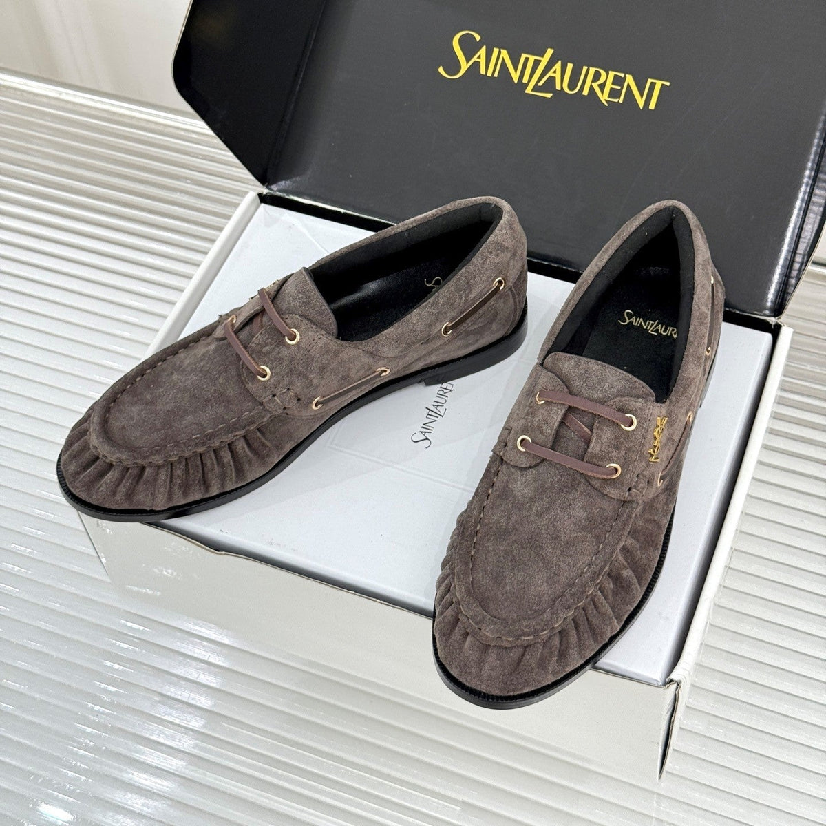 YSL 26s Le Bateau Loafer Taupe Suede 992289
