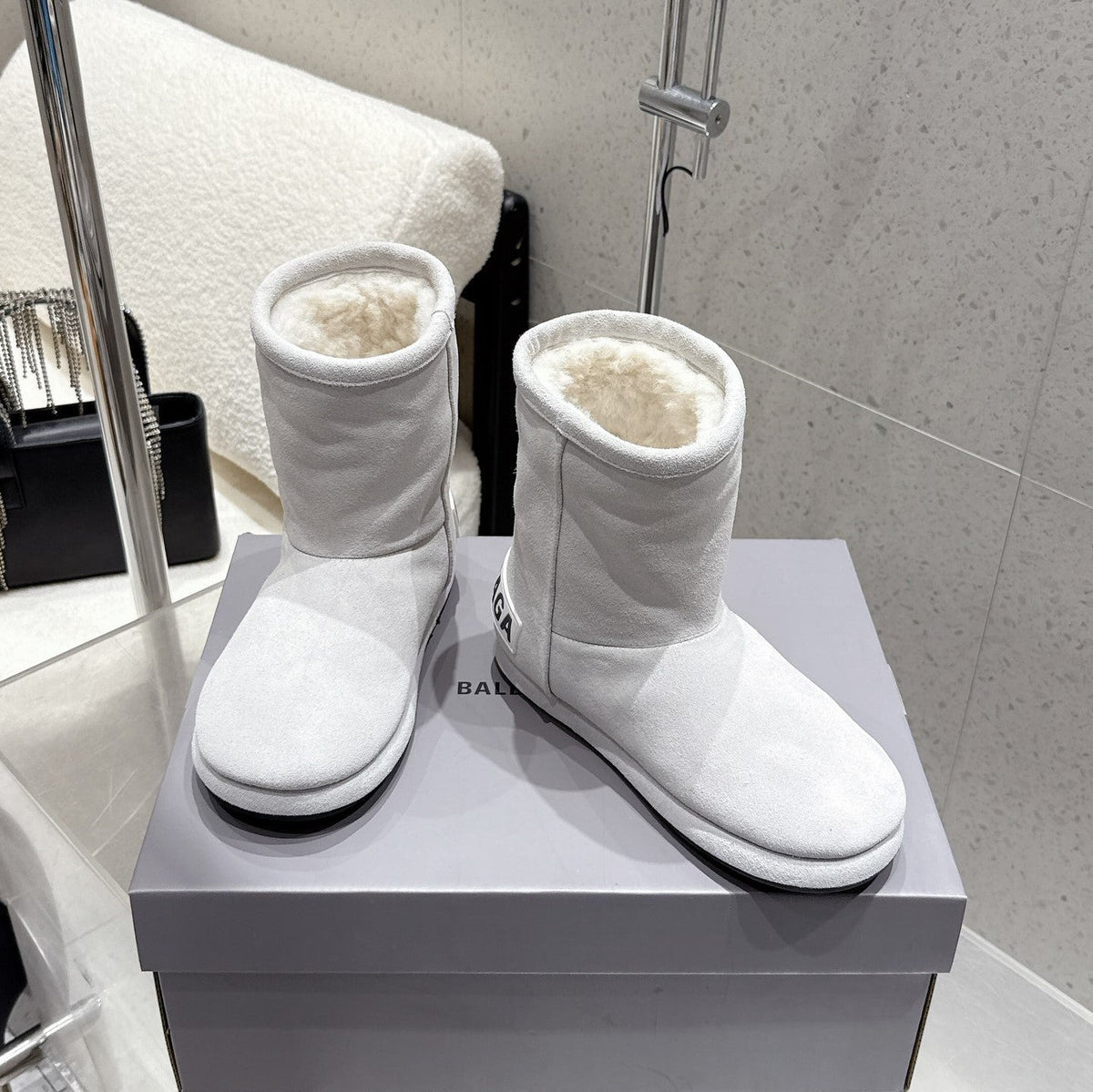 Balenciaga Alaska Soft Booties Pale Gray Suede Shearing 554396