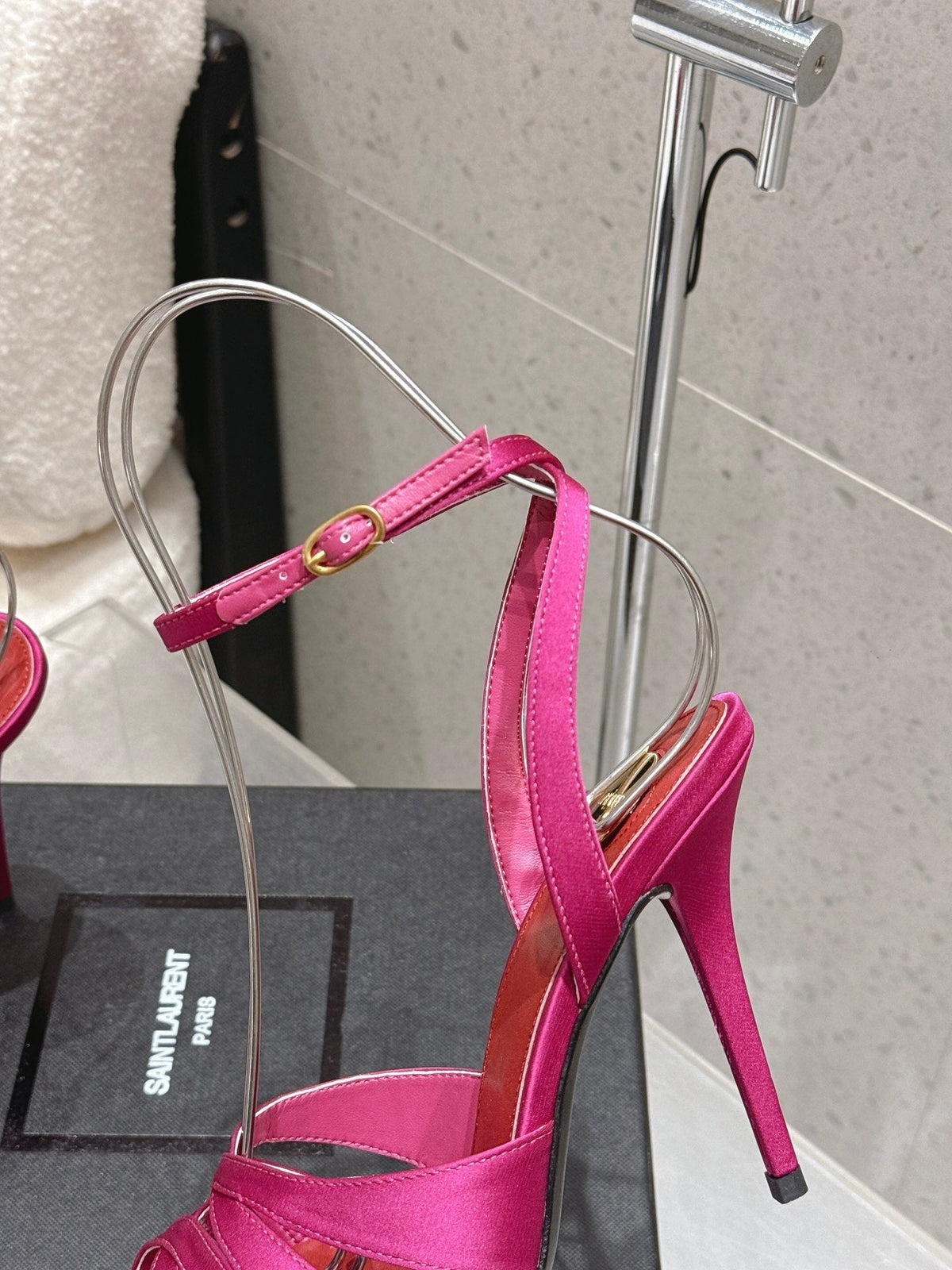 YSL Chandelle Sandals 10.5 Hot Pink Red Satin 610693