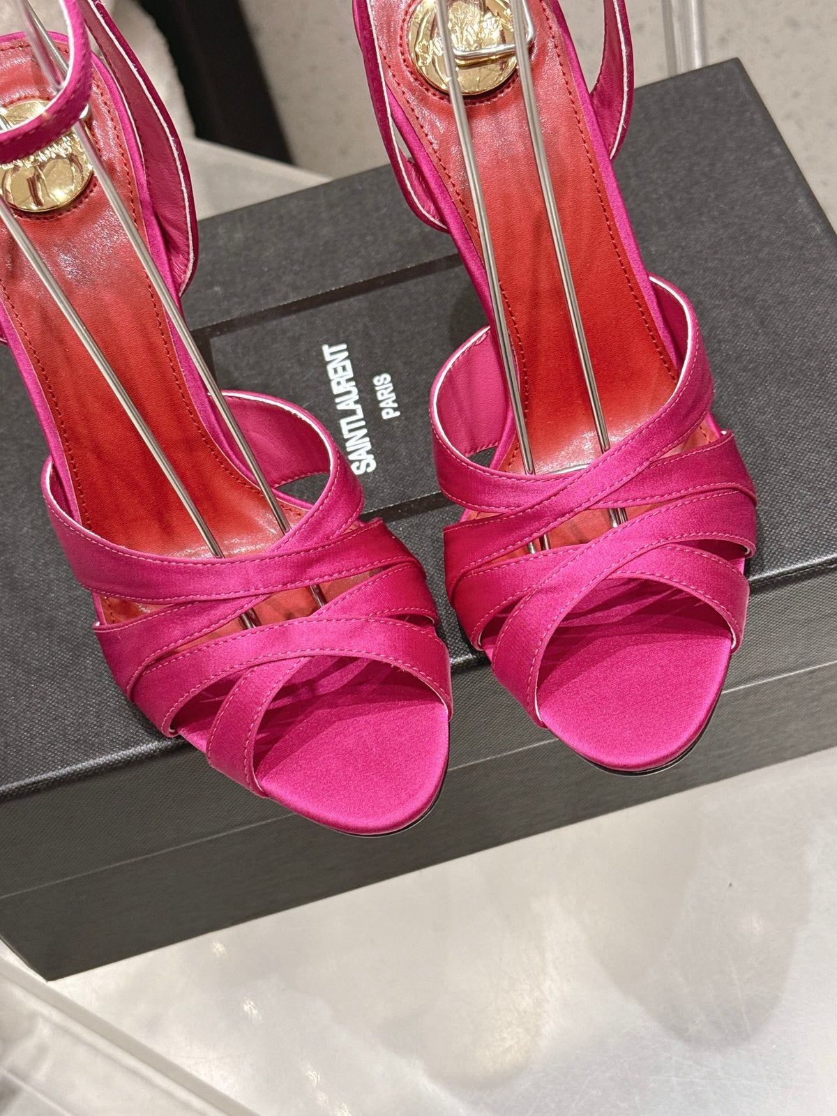 YSL Chandelle Sandals 10.5 Hot Pink Red Satin 610693