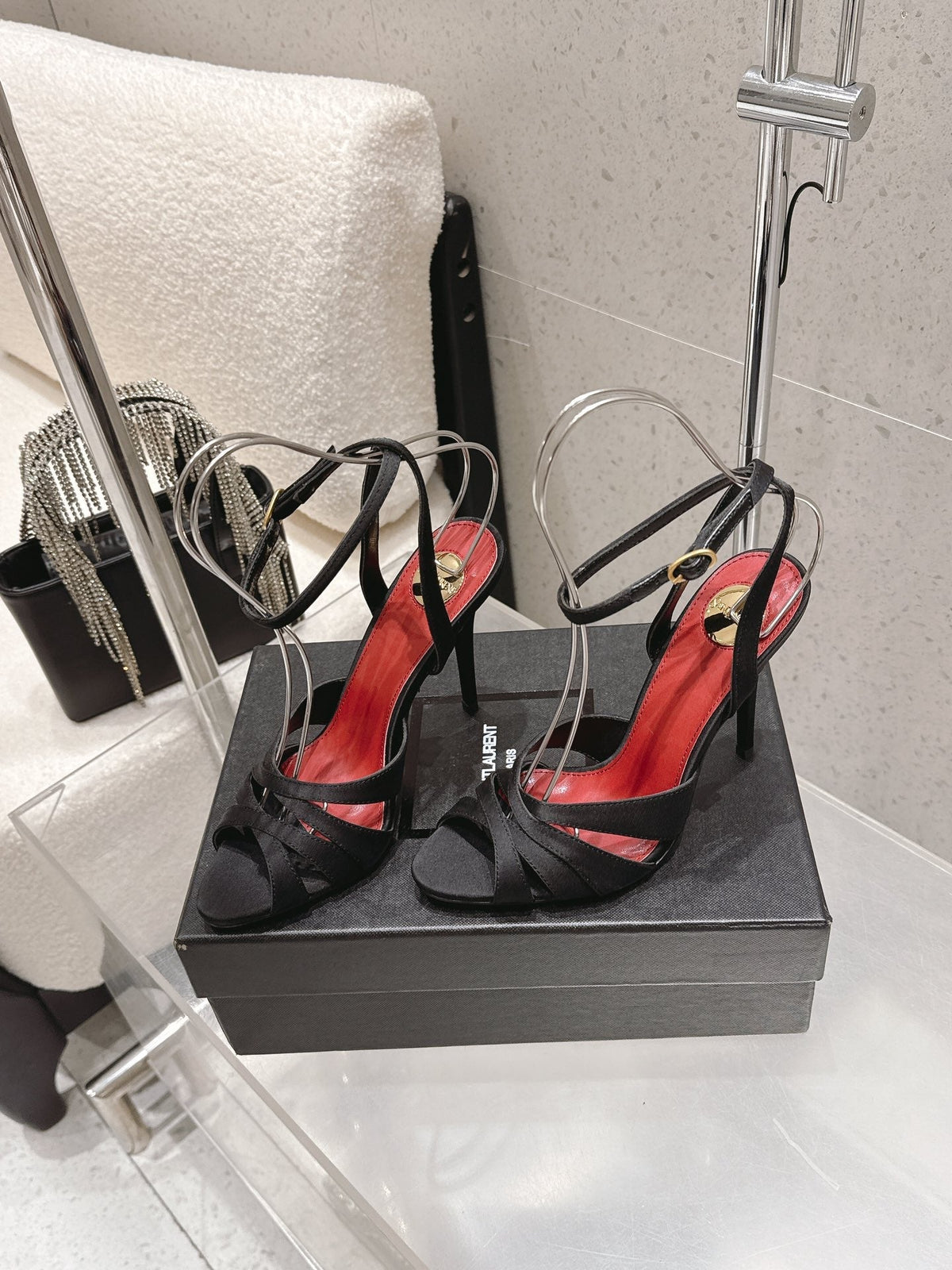 YSL Chandelle Sandals 10.5 Black Red Satin 610694