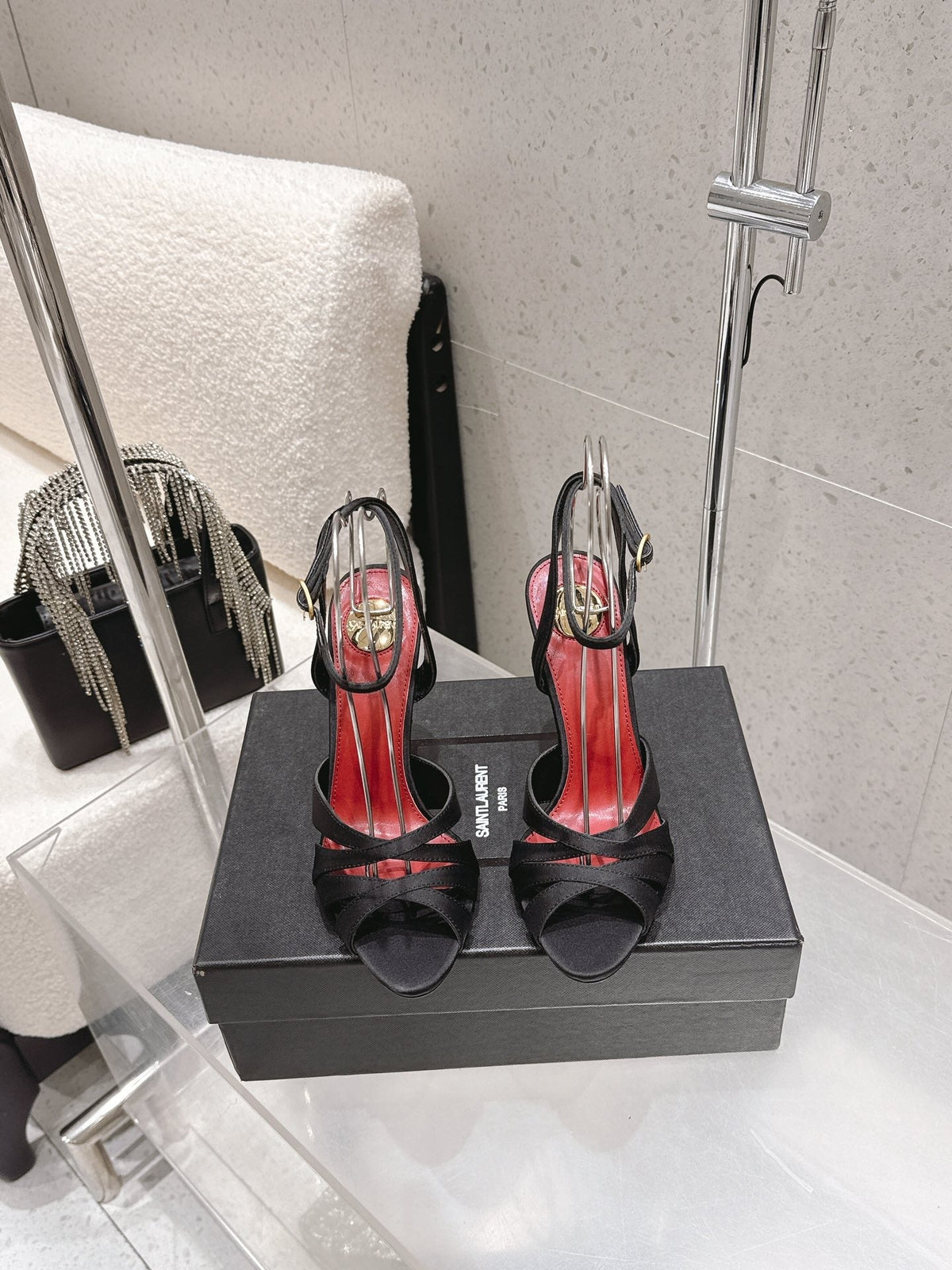 YSL Chandelle Sandals 10.5 Black Red Satin 610694
