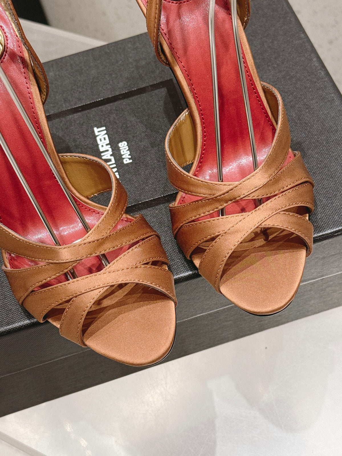 YSL Chandelle Sandals 10.5 Brown Red Satin 610695