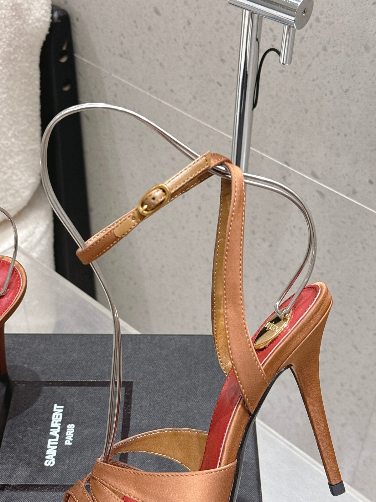 YSL Chandelle Sandals 10.5 Brown Red Satin 610695