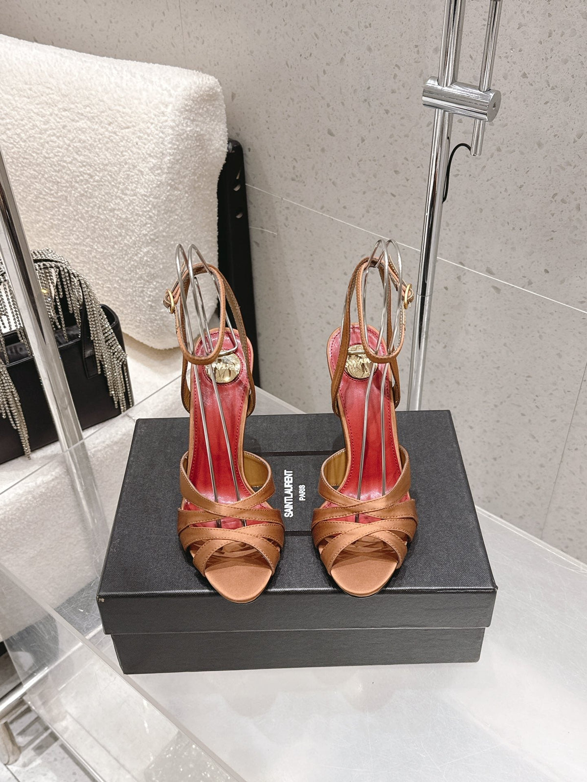 YSL Chandelle Sandals 10.5 Brown Red Satin 610695
