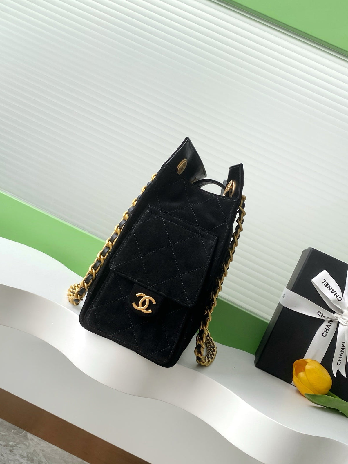 CC 25C Hobo Bag 31cm Black Matelasse Suede