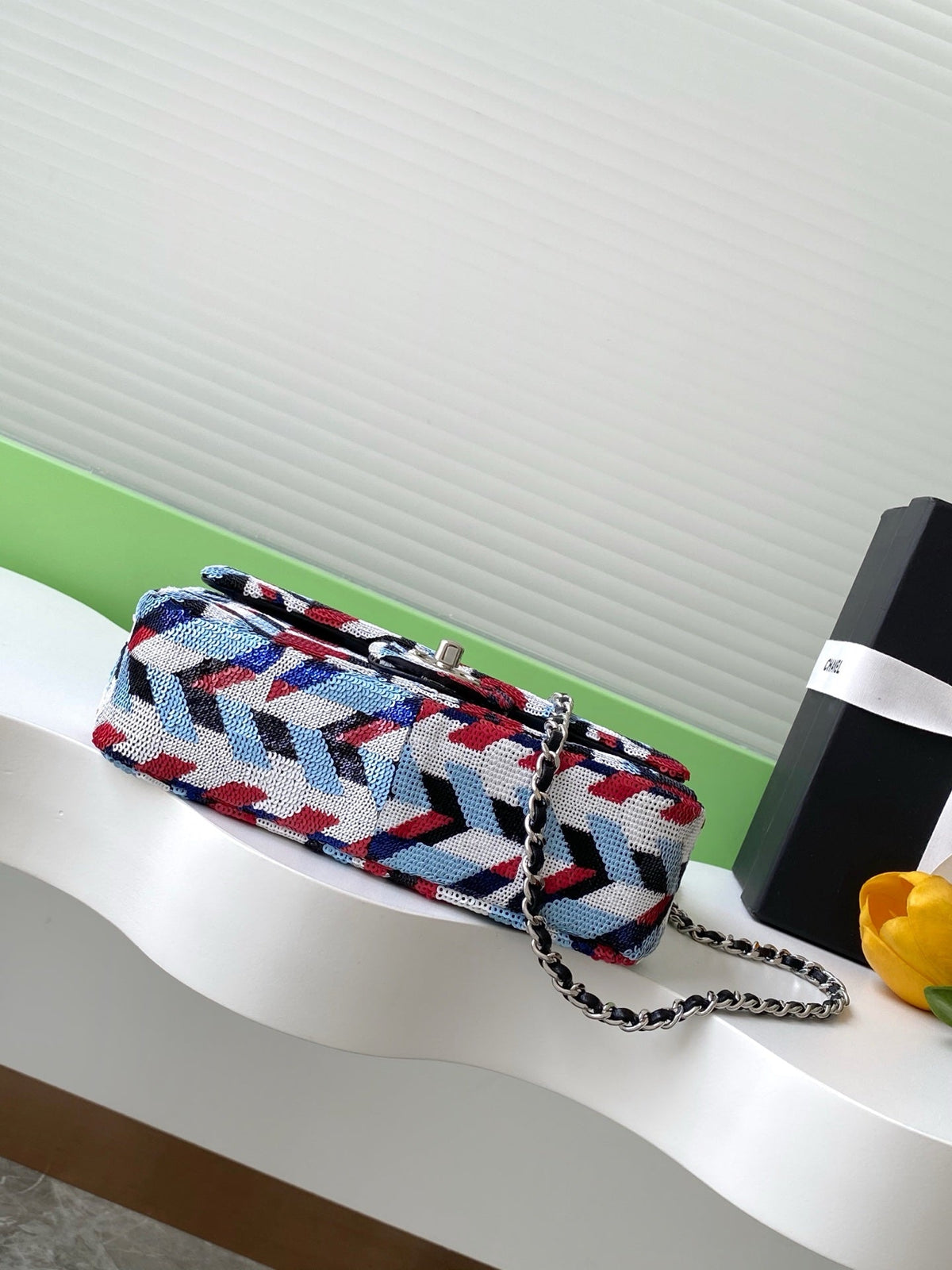 cc 25S Flap Bag 21cm Multicolor Chevron Sequin