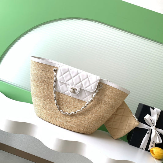 CC 2026 Large Shopping Bag Beige White Straw Calfskin