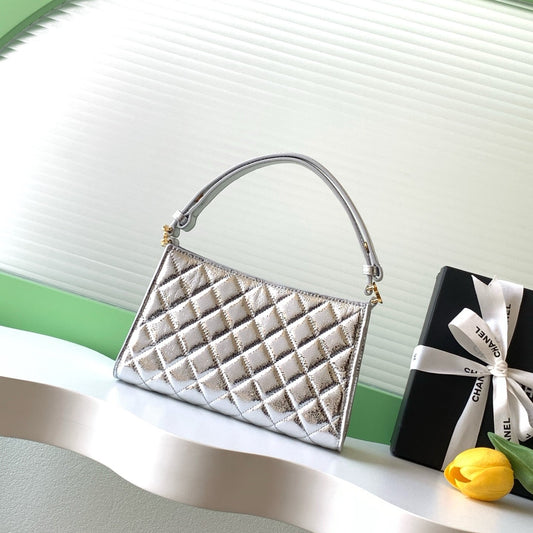 CC AS6045 Hobo Bag 22cm Metallic Sliver Quilted Calfskin
