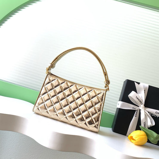 CC AS6045 Hobo Bag 22cm Metallic Gold Quilted Calfskin